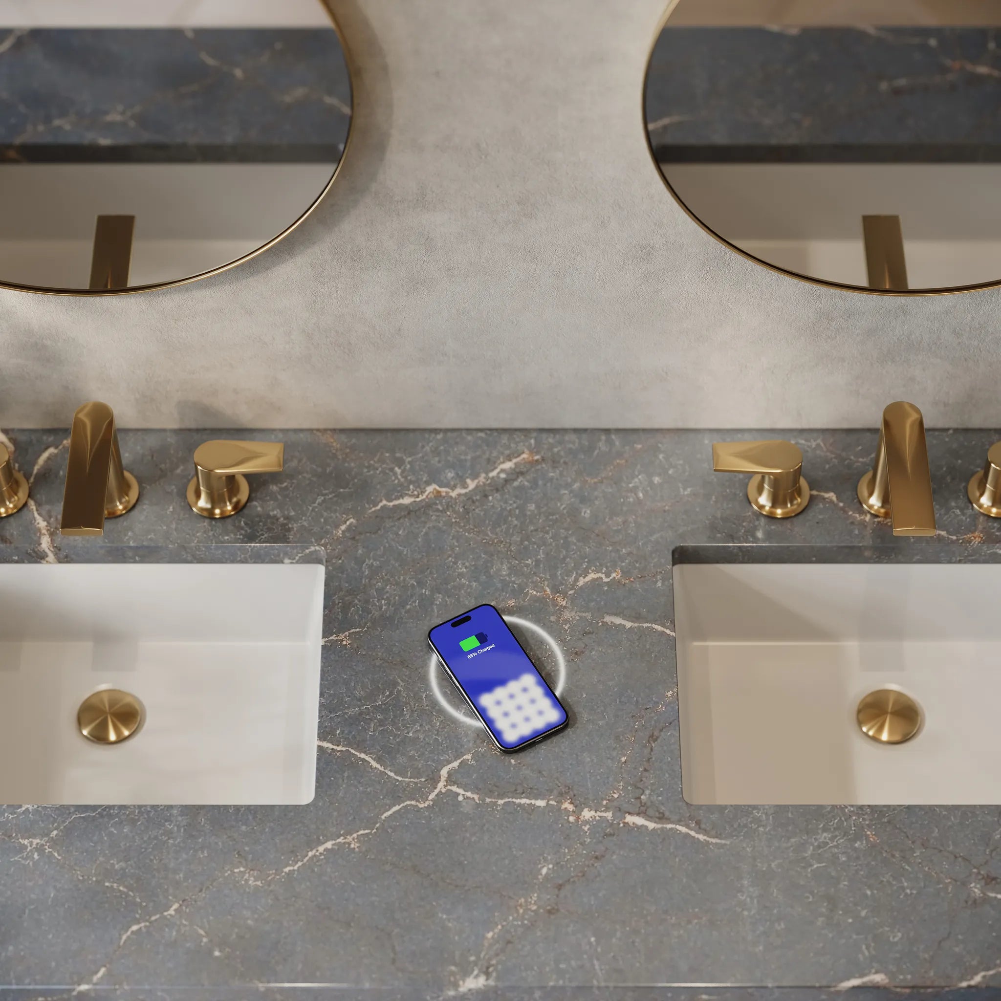60" Bristol Double Vanity in Bright White w/FreePower Wireless Charger-Parisien Bleu Silestone-8" Widespread image 1