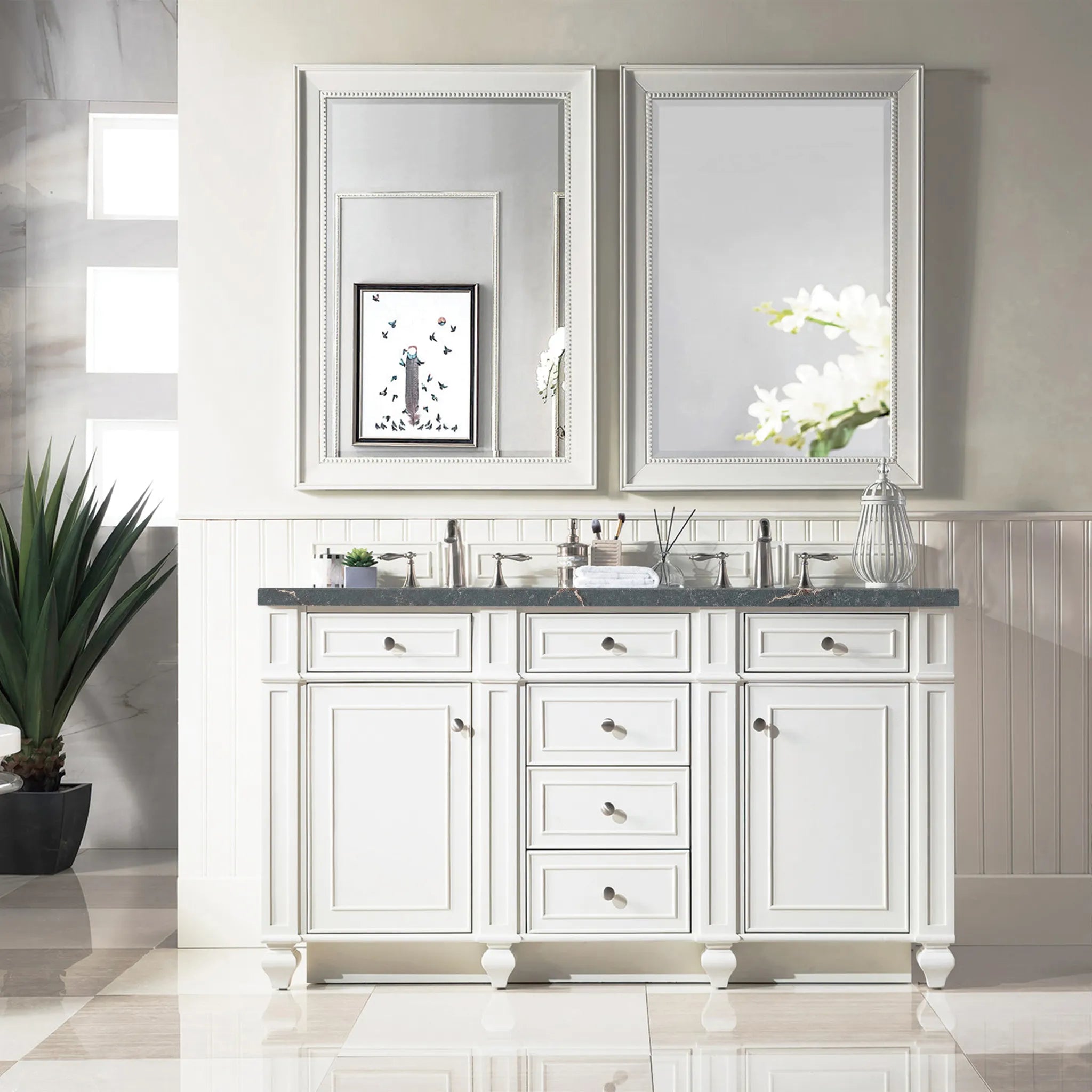 60" Bristol Double Vanity in Bright White w/FreePower Wireless Charger-Parisien Bleu Silestone-8" Widespread image 4