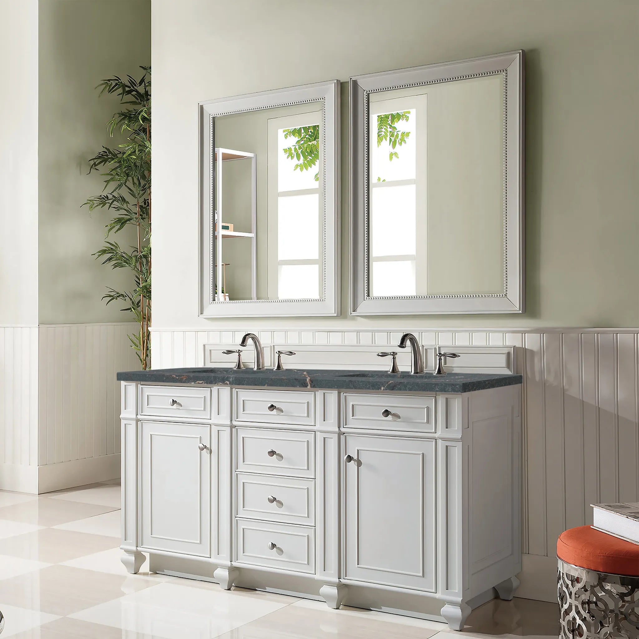 60" Bristol Double Vanity in Bright White w/FreePower Wireless Charger-Parisien Bleu Silestone-8" Widespread image 5