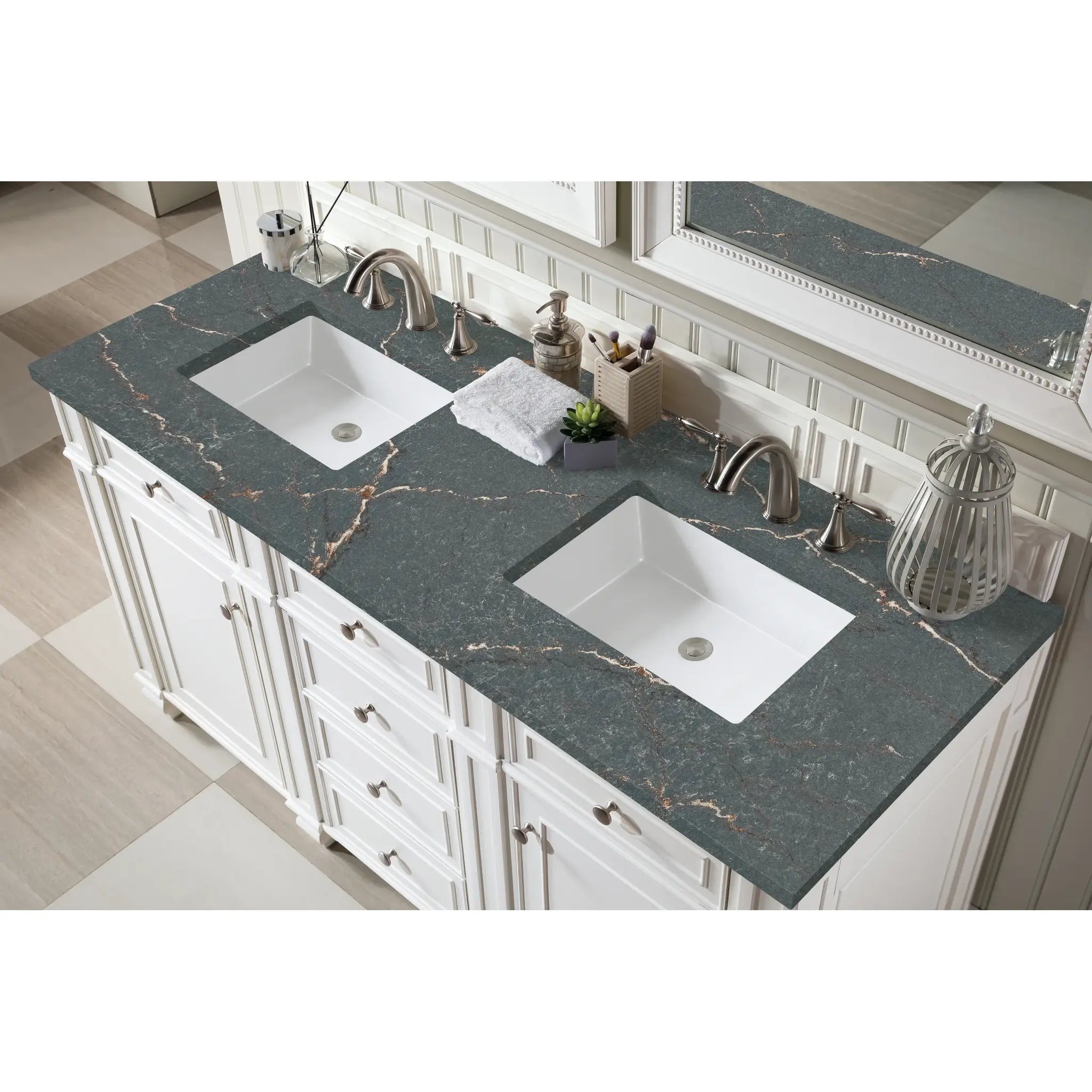 60" Bristol Double Vanity in Bright White w/FreePower Wireless Charger-Parisien Bleu Silestone-8" Widespread image 8