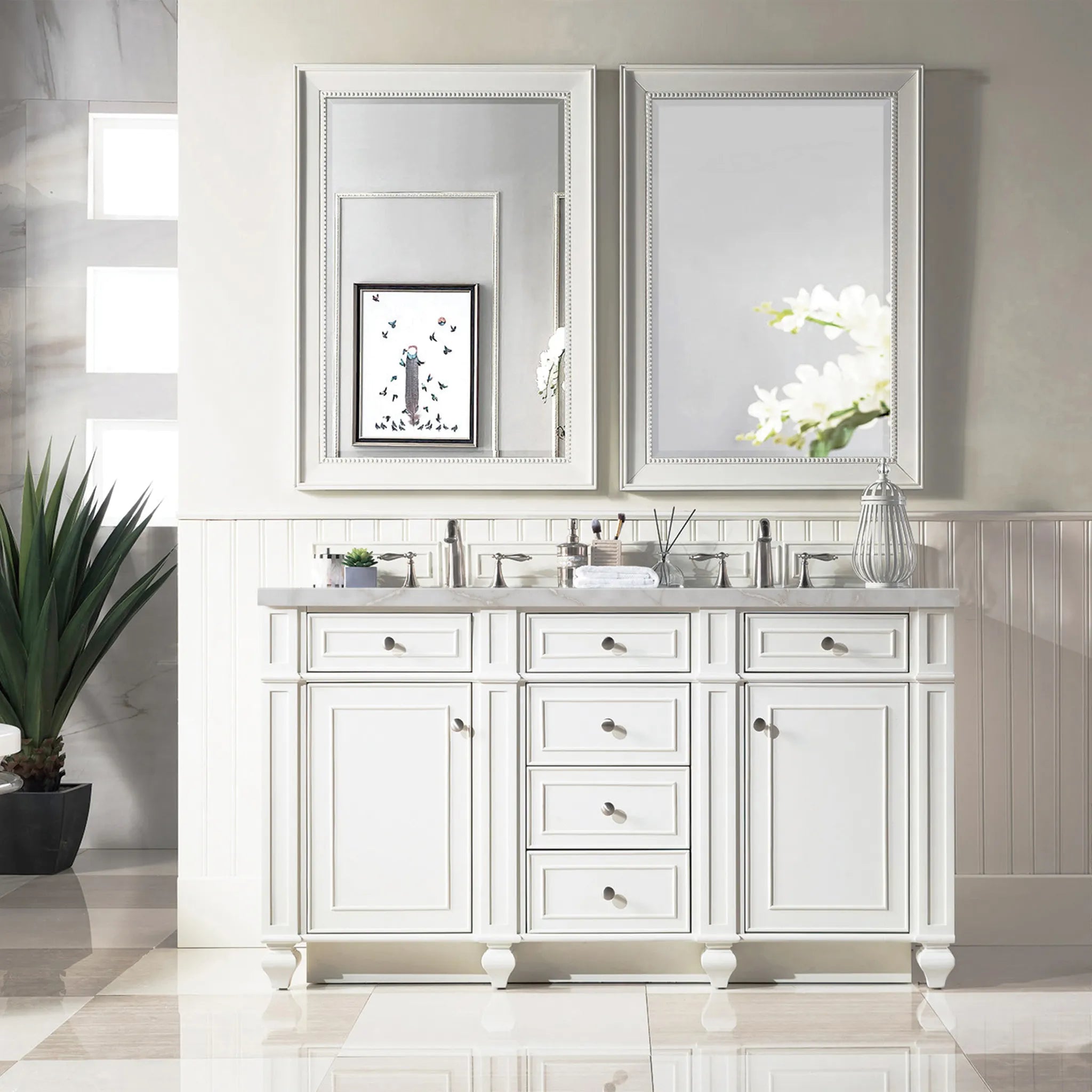 60" Bristol Double Vanity in Bright White w/FreePower Wireless Charger-Victorian Silver Silestone-8" Widespread image 4