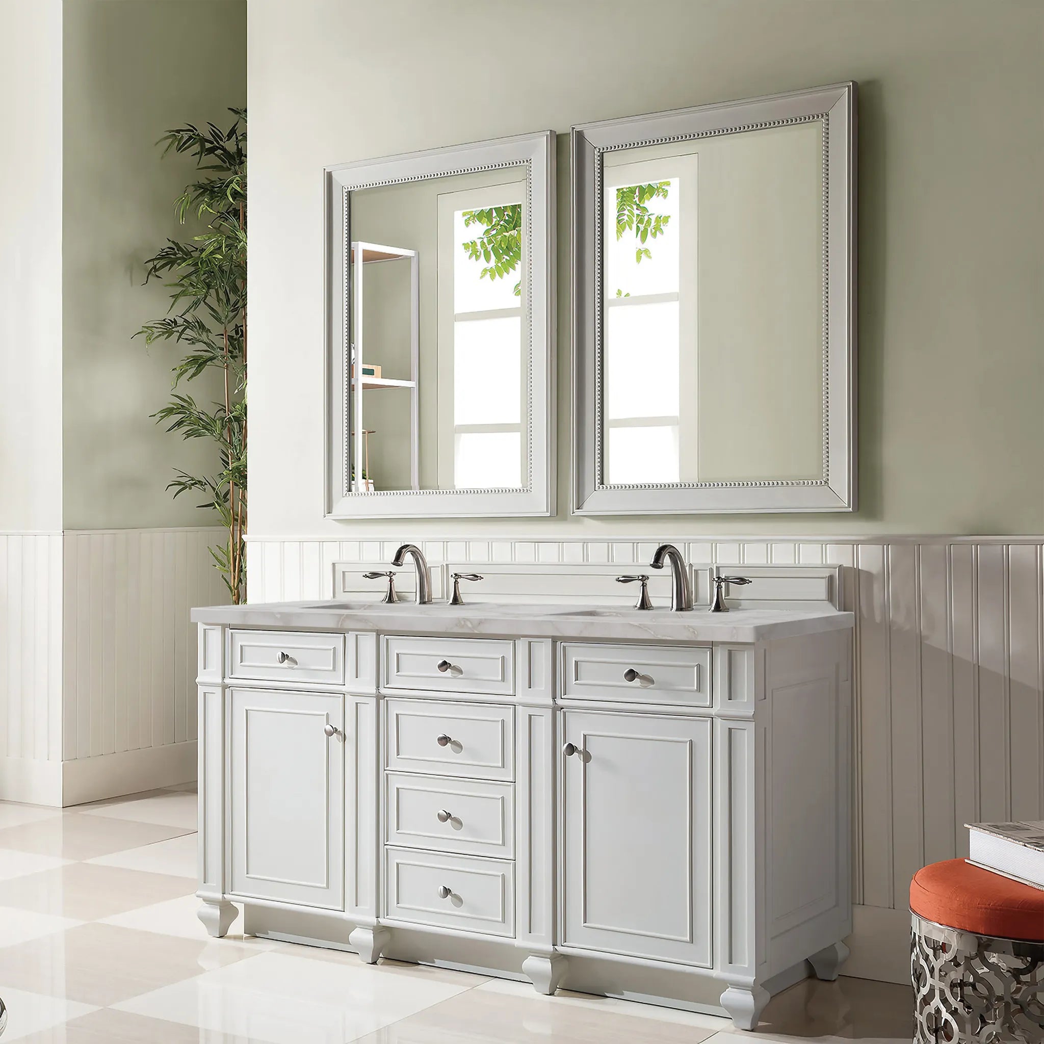 60" Bristol Double Vanity in Bright White w/FreePower Wireless Charger-Victorian Silver Silestone-8" Widespread image 5