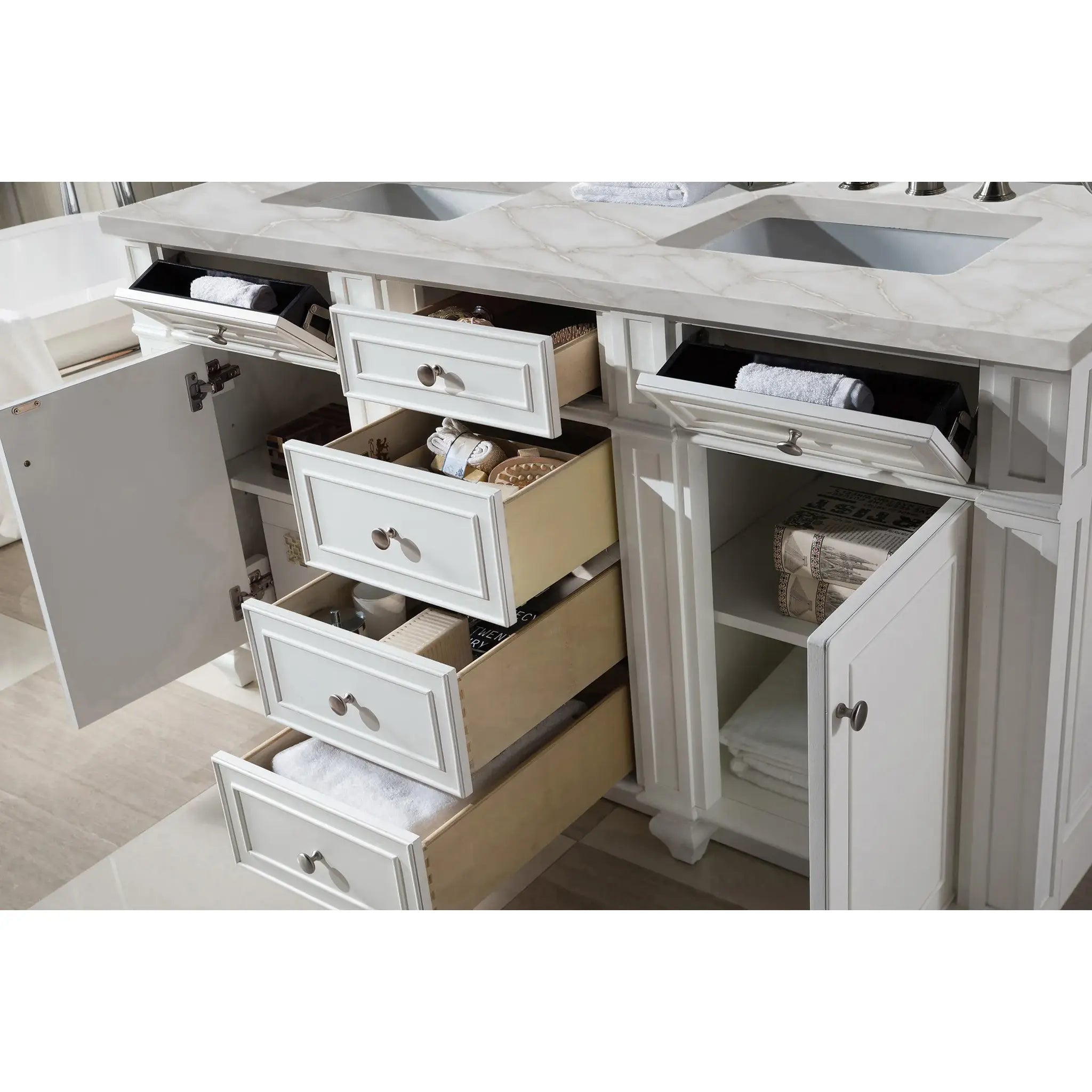 60" Bristol Double Vanity in Bright White w/FreePower Wireless Charger-Victorian Silver Silestone-8" Widespread image 6