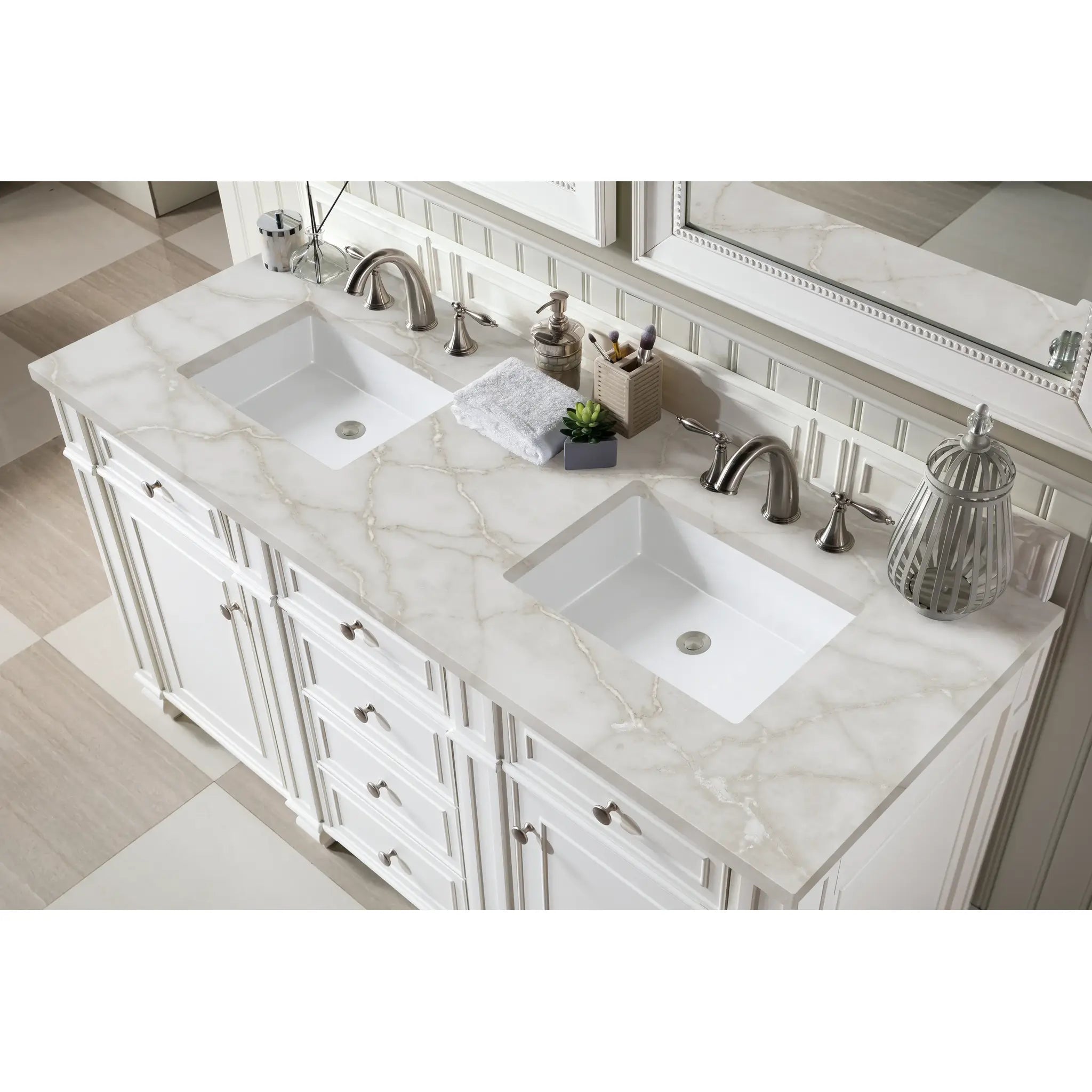 60" Bristol Double Vanity in Bright White w/FreePower Wireless Charger-Victorian Silver Silestone-8" Widespread image 8