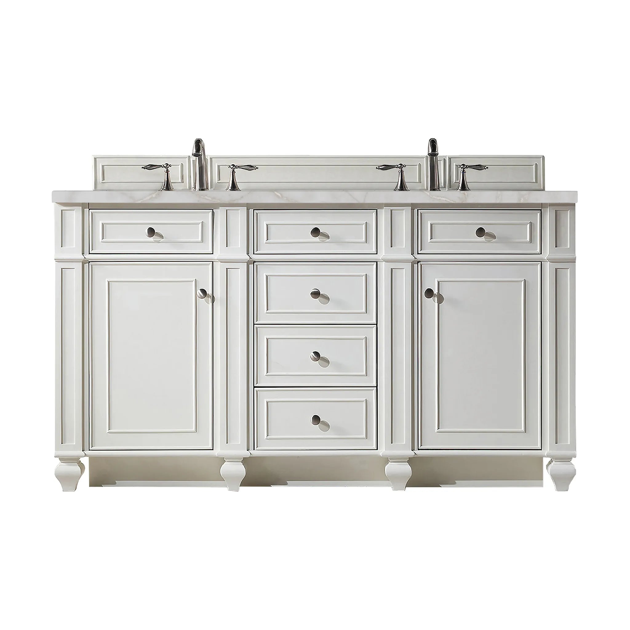 60" Bristol Double Vanity in Bright White w/FreePower Wireless Charger-Victorian Silver Silestone-8" Widespread image