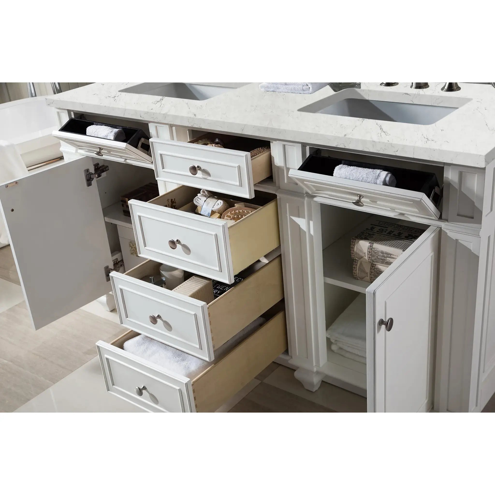60" Bristol Double Vanity in Bright White Wireless Charger-Eternal Jasmine Pearl Silestone-8" Widespread image 6