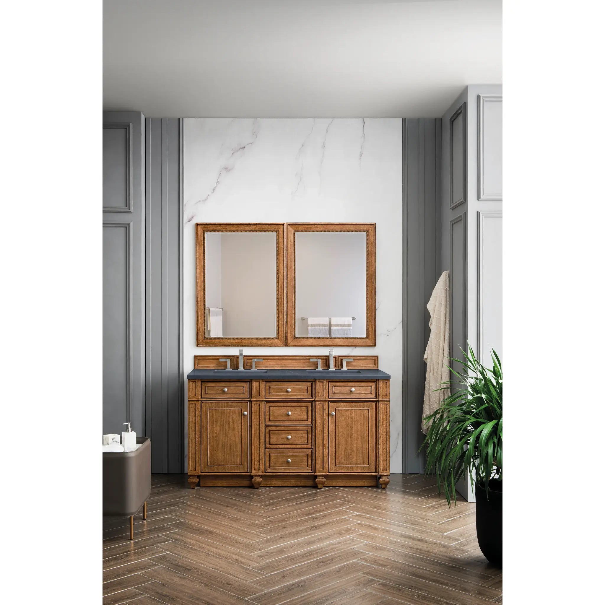 60" Bristol Double Vanity in Saddle Brown-Charcoal Soapstone Silestone-8" Widespread image 1