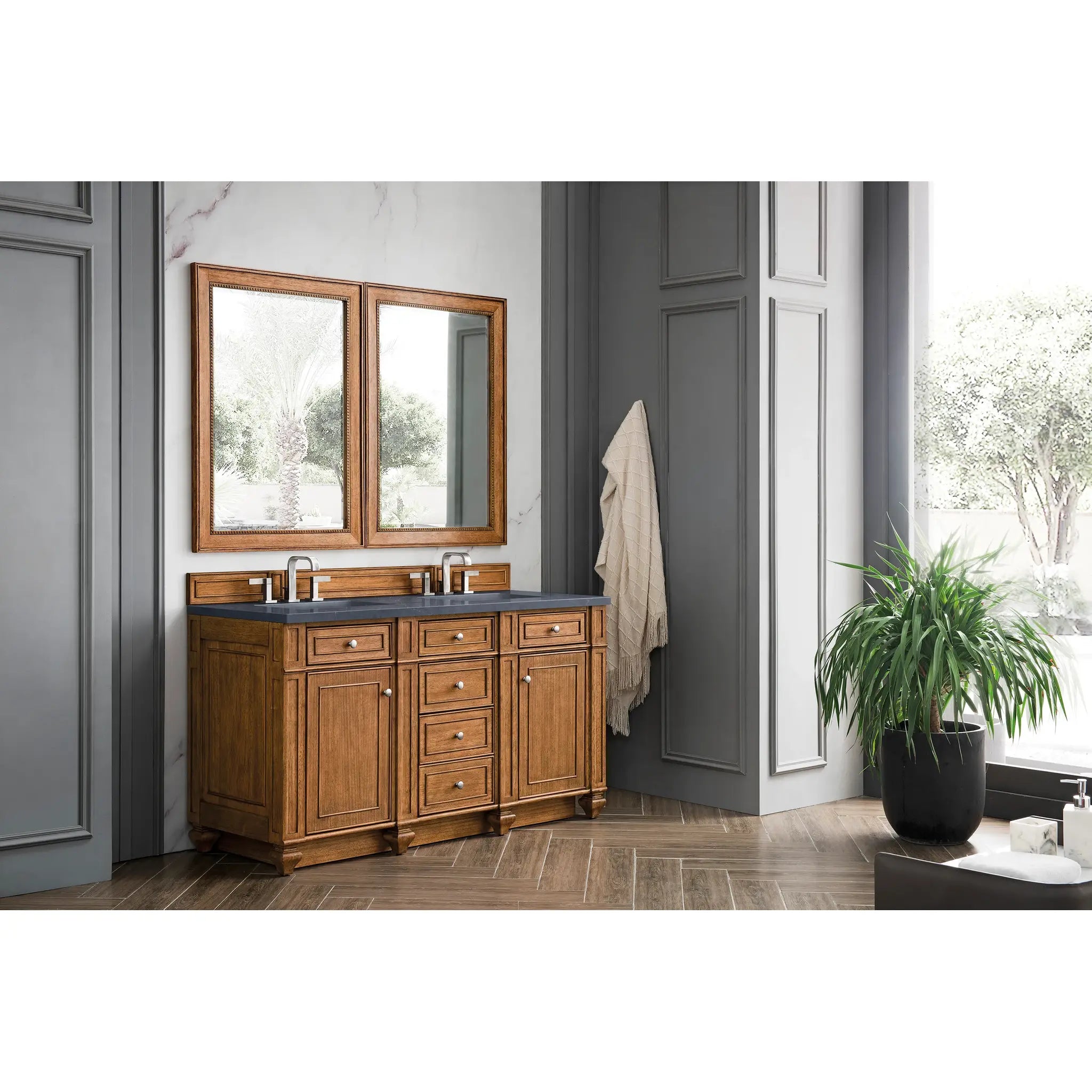 60" Bristol Double Vanity in Saddle Brown-Charcoal Soapstone Silestone-8" Widespread image 2