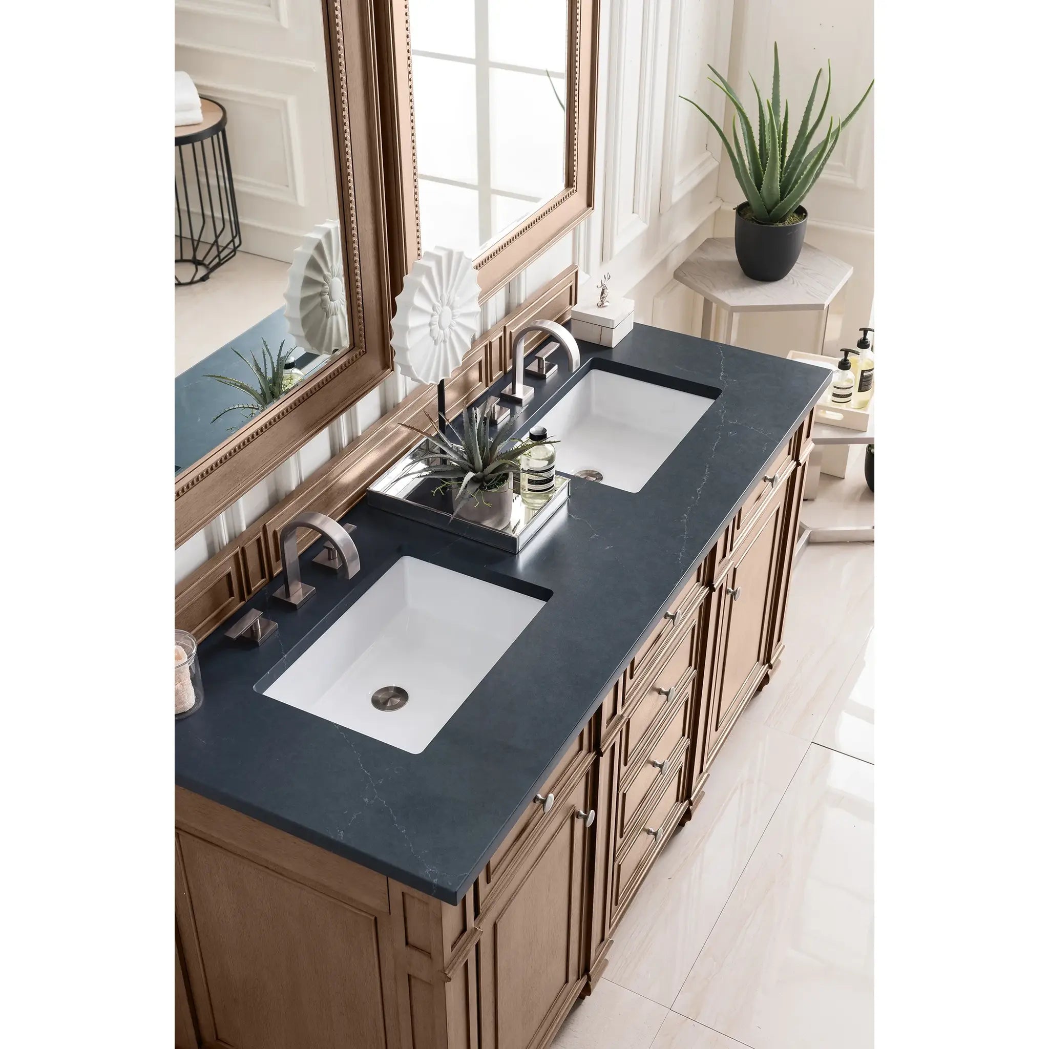 60" Bristol Double Vanity in Whitewashed Walnut-Charcoal Soapstone Silestone-8" Widespread image 2