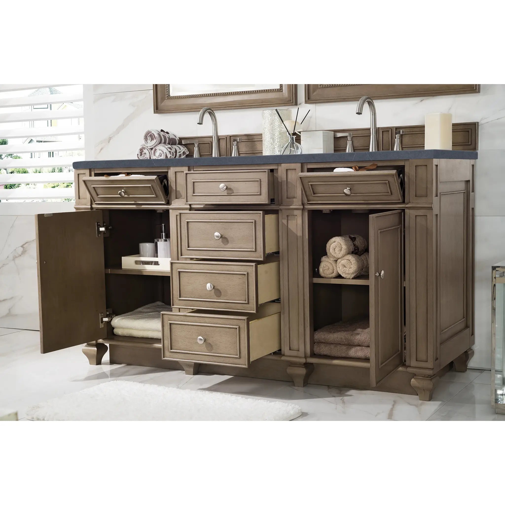 60" Bristol Double Vanity in Whitewashed Walnut-Charcoal Soapstone Silestone-8" Widespread image 3