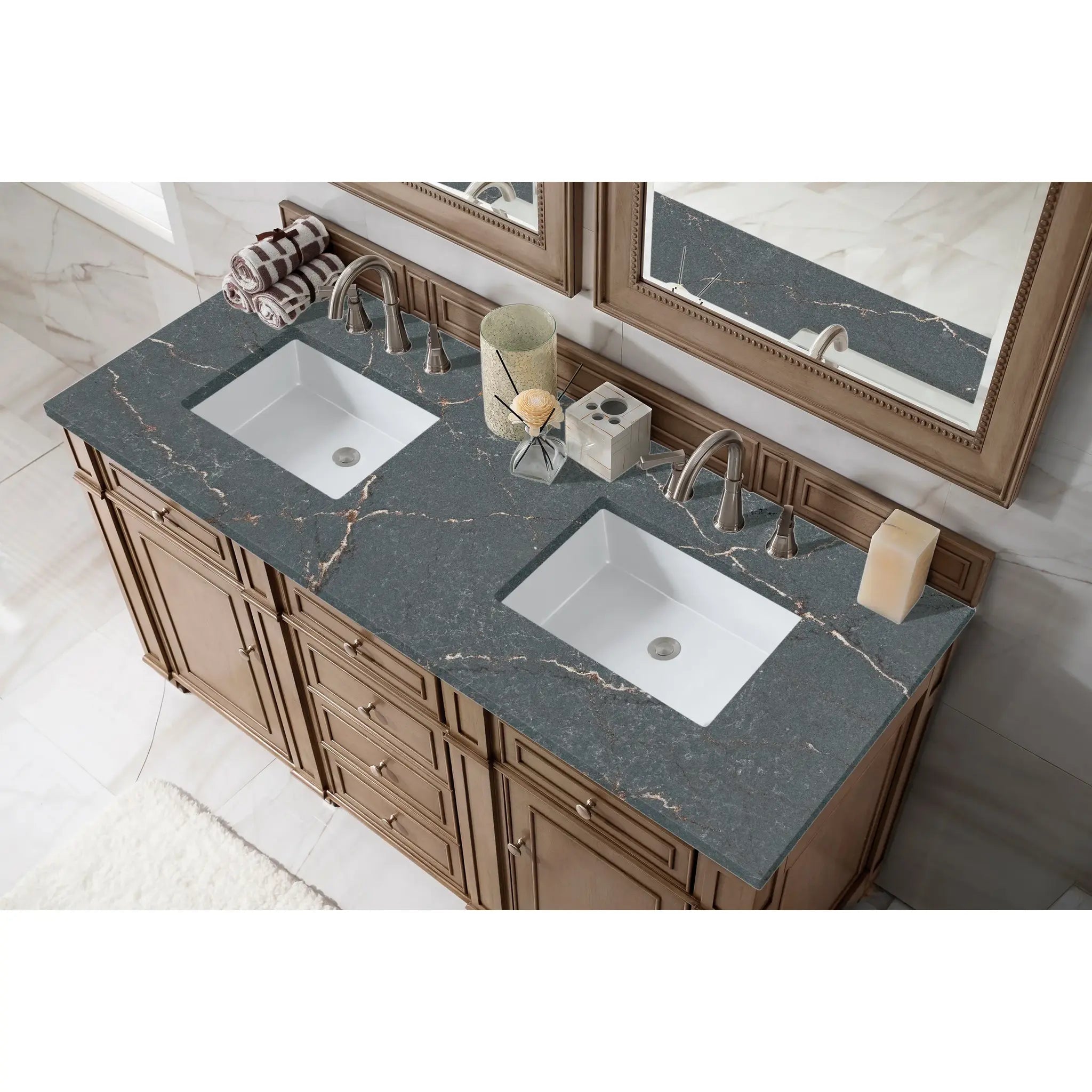 60" Bristol Double Vanity in Whitewashed Walnut w/FreePower Wireless Charger-Parisien Bleu Silestone-8" Widespread image 5