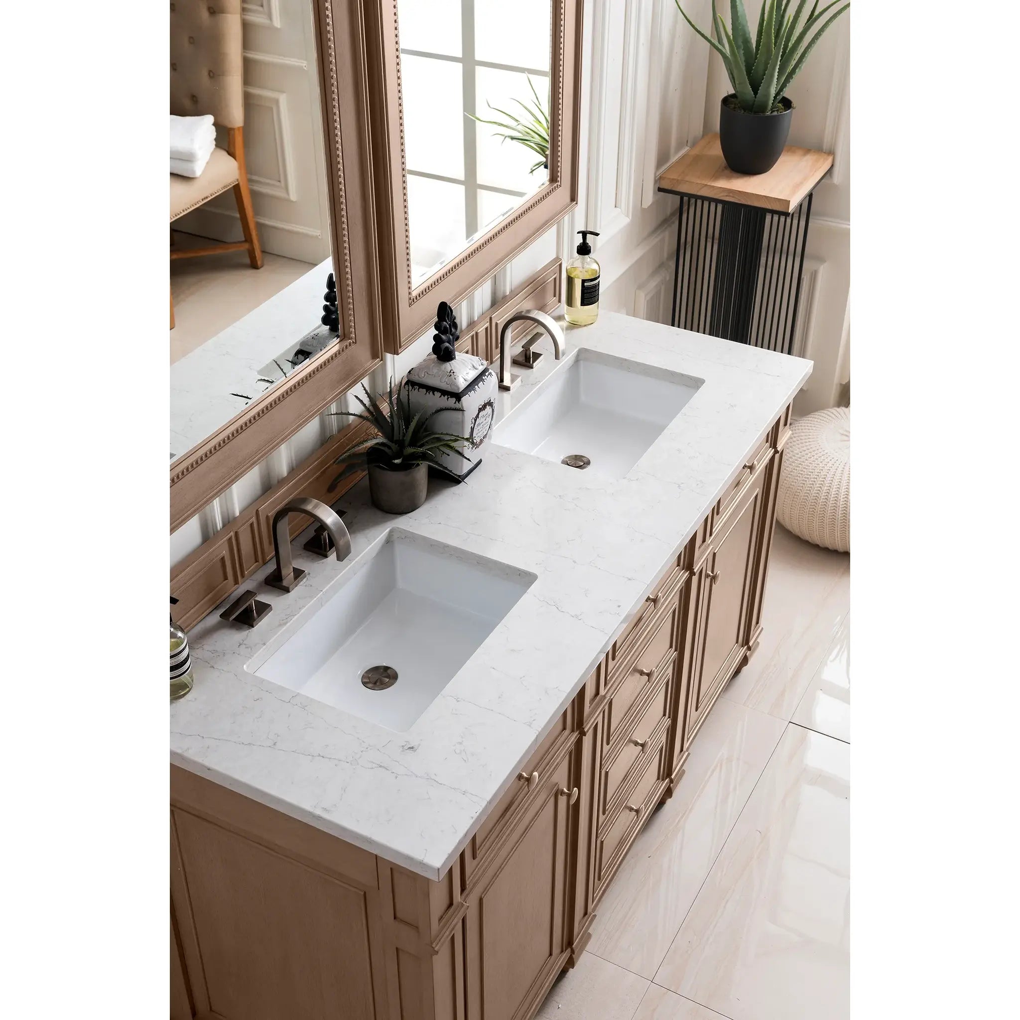 60" Bristol Double Vanity in Whitewashed Walnut Wireless Charger-Eternal Jasmine Pearl Silestone-8" Widespread image 5