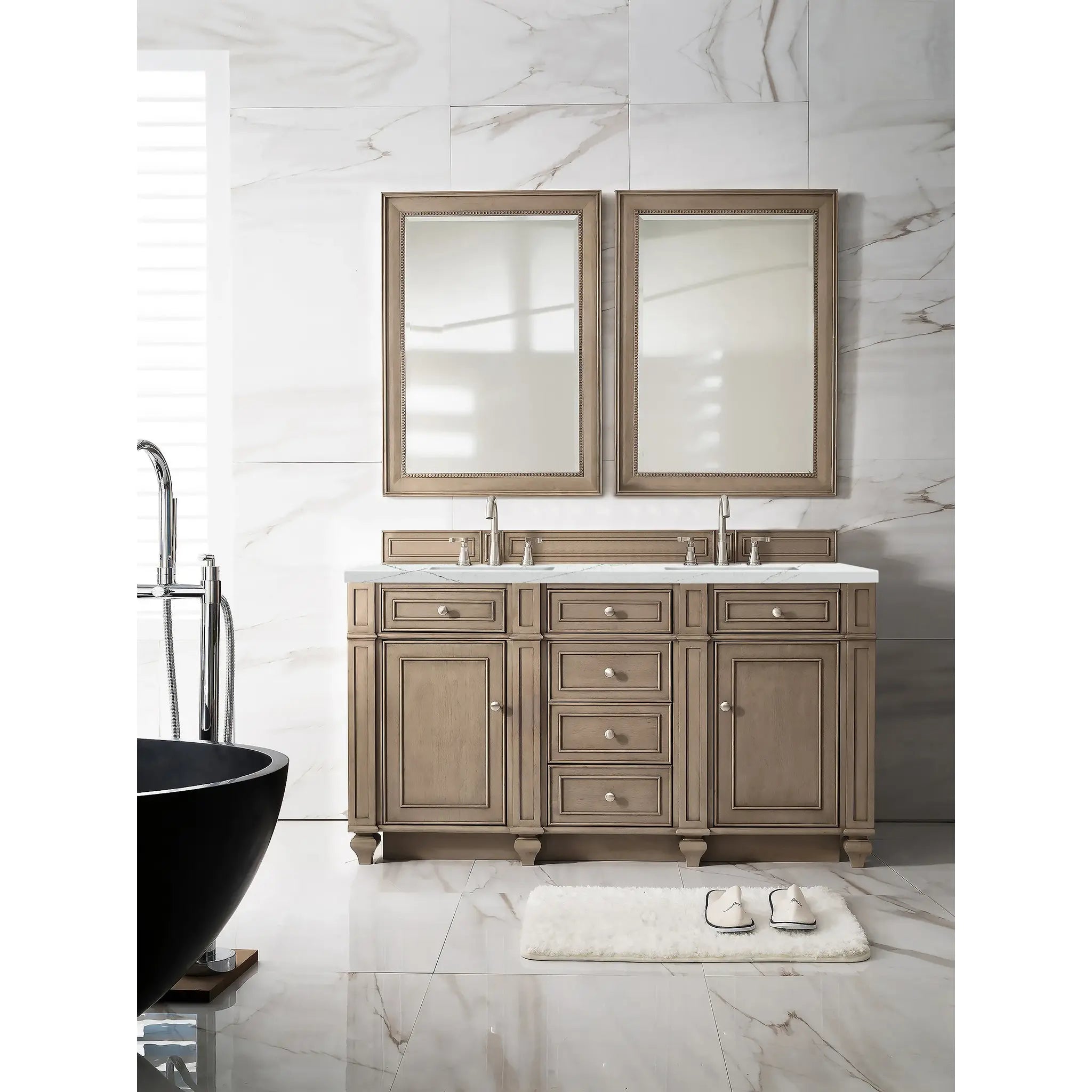 60" Bristol Double Vanity in Whitewashed Walnut Wireless Charger-Ethereal Noctis Silestone-8" Widespread image 4