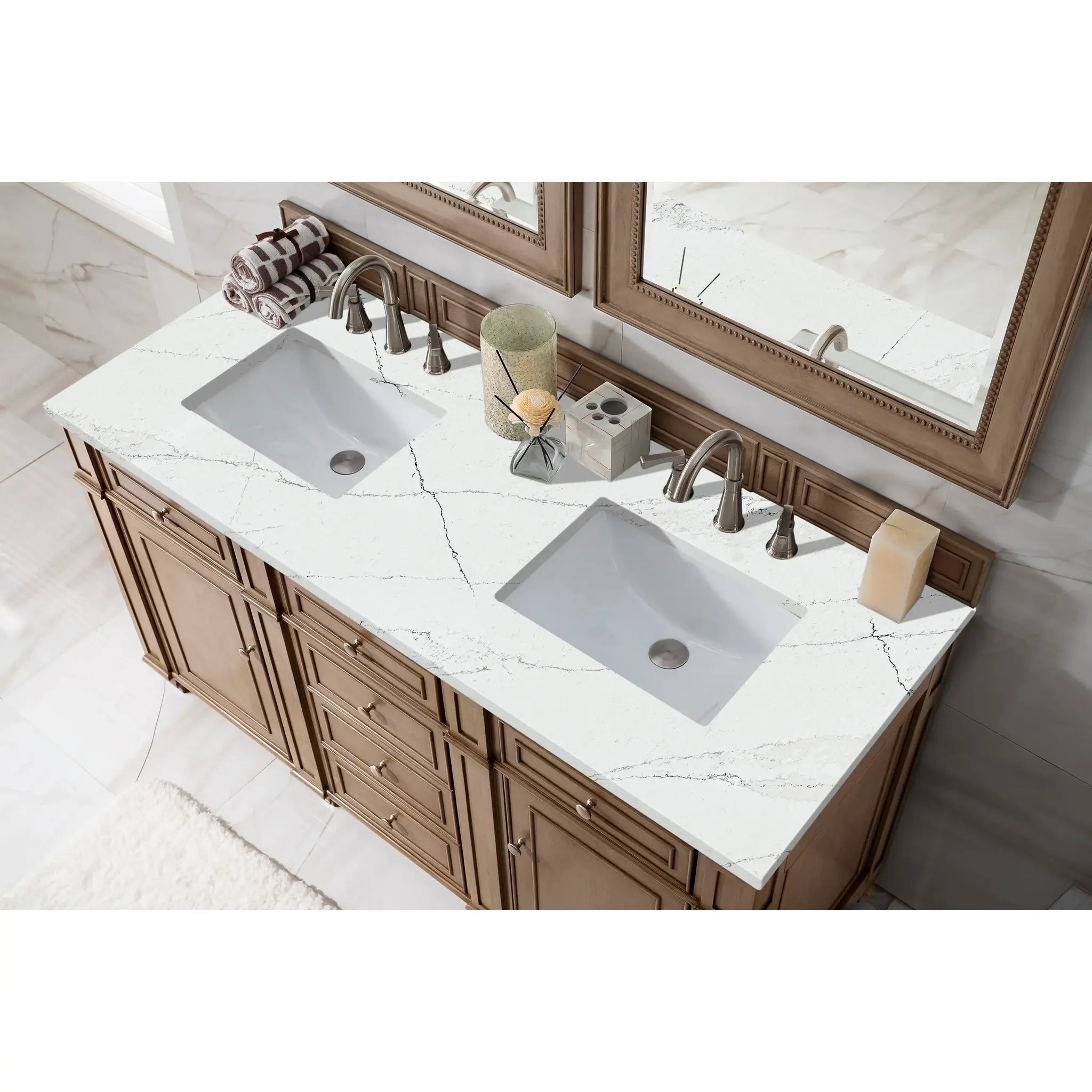 60" Bristol Double Vanity in Whitewashed Walnut Wireless Charger-Ethereal Noctis Silestone-8" Widespread image 6