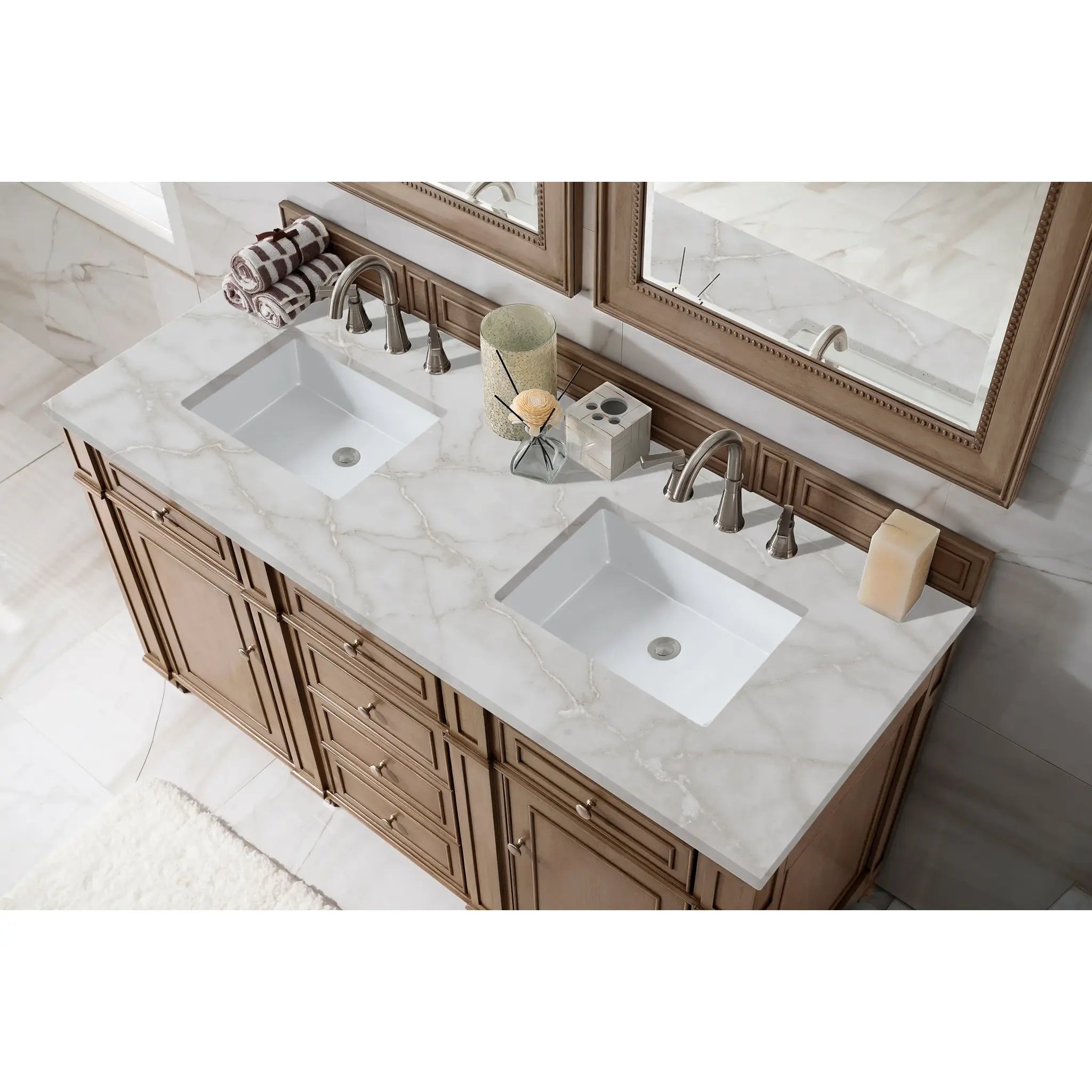 60" Bristol Double Vanity in Whitewashed Walnut Wireless Charger-Victorian Silver Silestone-8" Widespread image 5