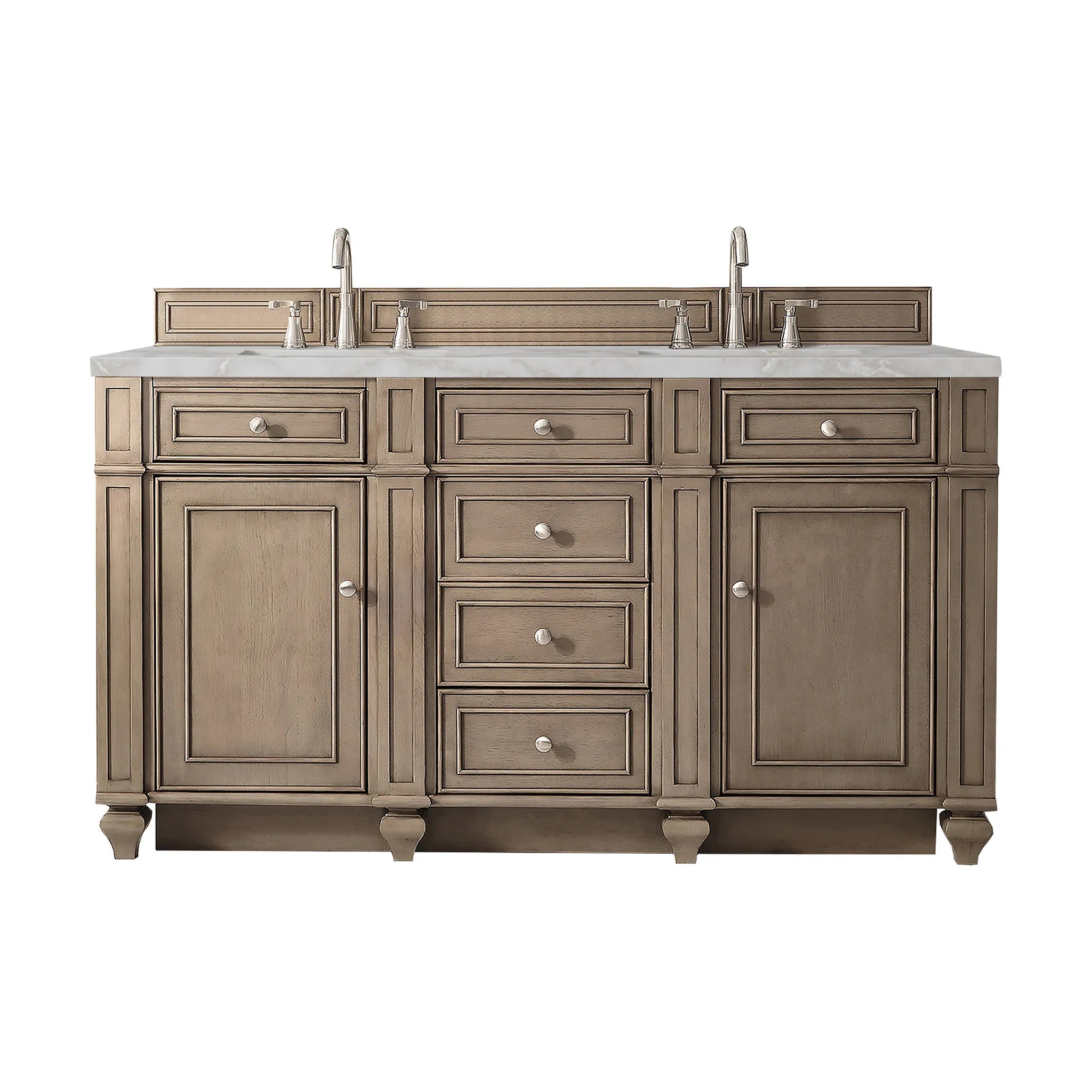 60" Bristol Double Vanity in Whitewashed Walnut Wireless Charger-Victorian Silver Silestone-8" Widespread image