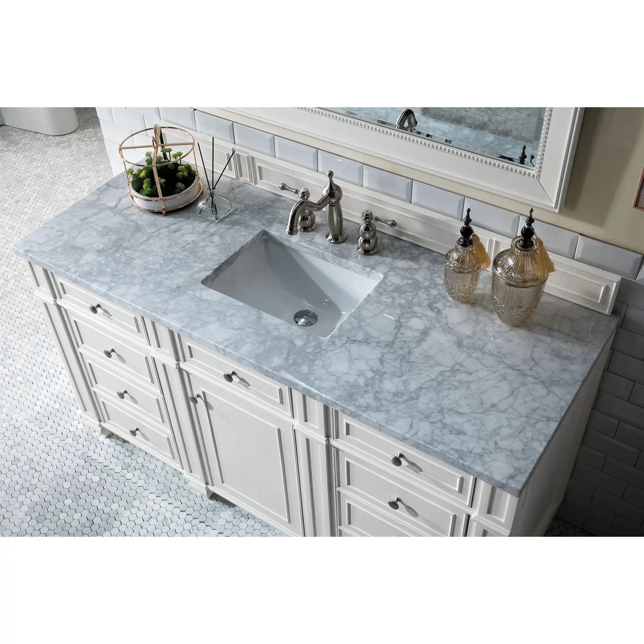 60" Bristol Single Vanity in Bright White-Carrara White Marble-8" Widespread image 2