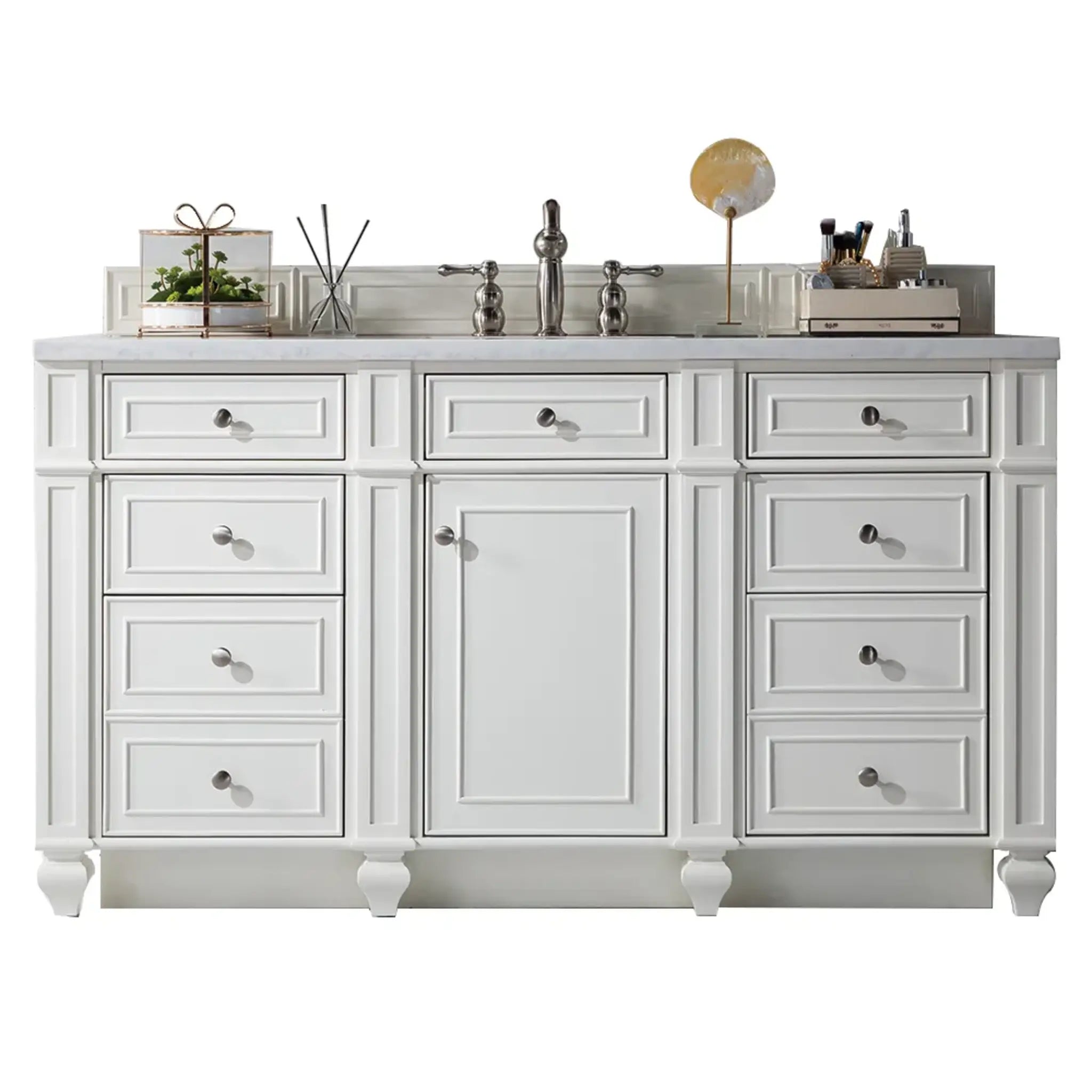 60" Bristol Single Vanity in Bright White-Carrara White Marble-8" Widespread image