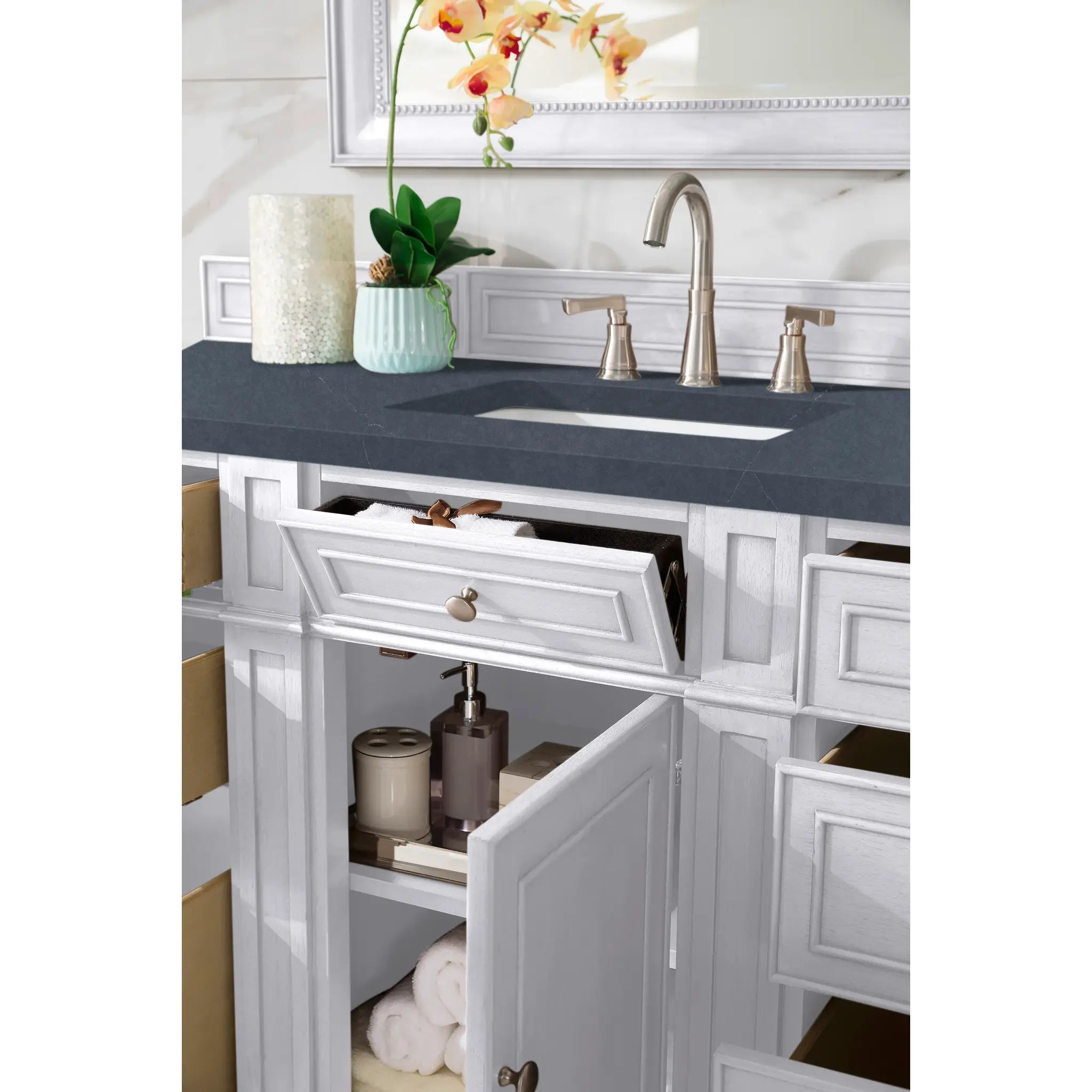 60" Bristol Single Vanity in Bright White-Charcoal Soapstone Silestone-8" Widespread image 3