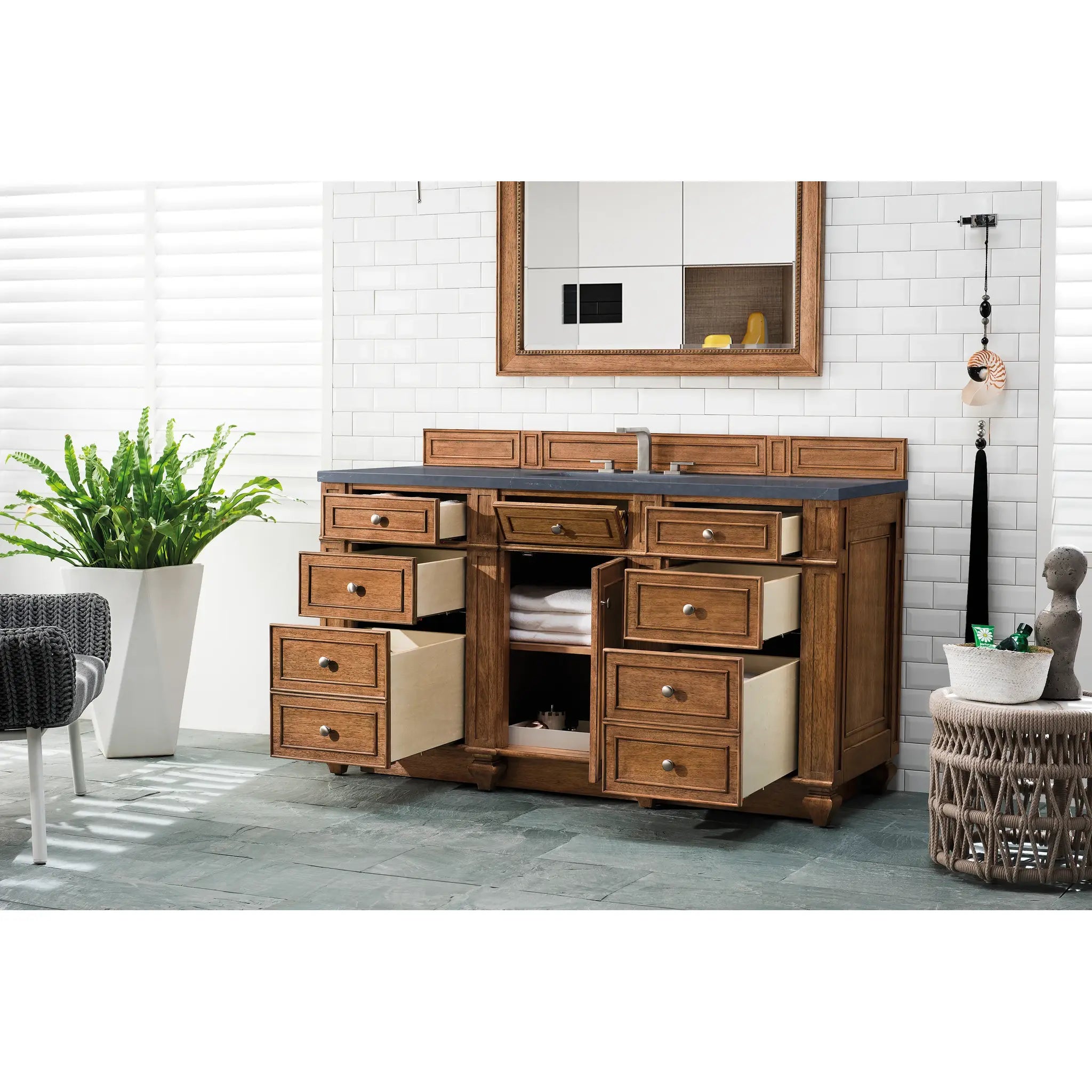 60" Bristol Single Vanity in Saddle Brown-Charcoal Soapstone Silestone-8" Widespread image 3