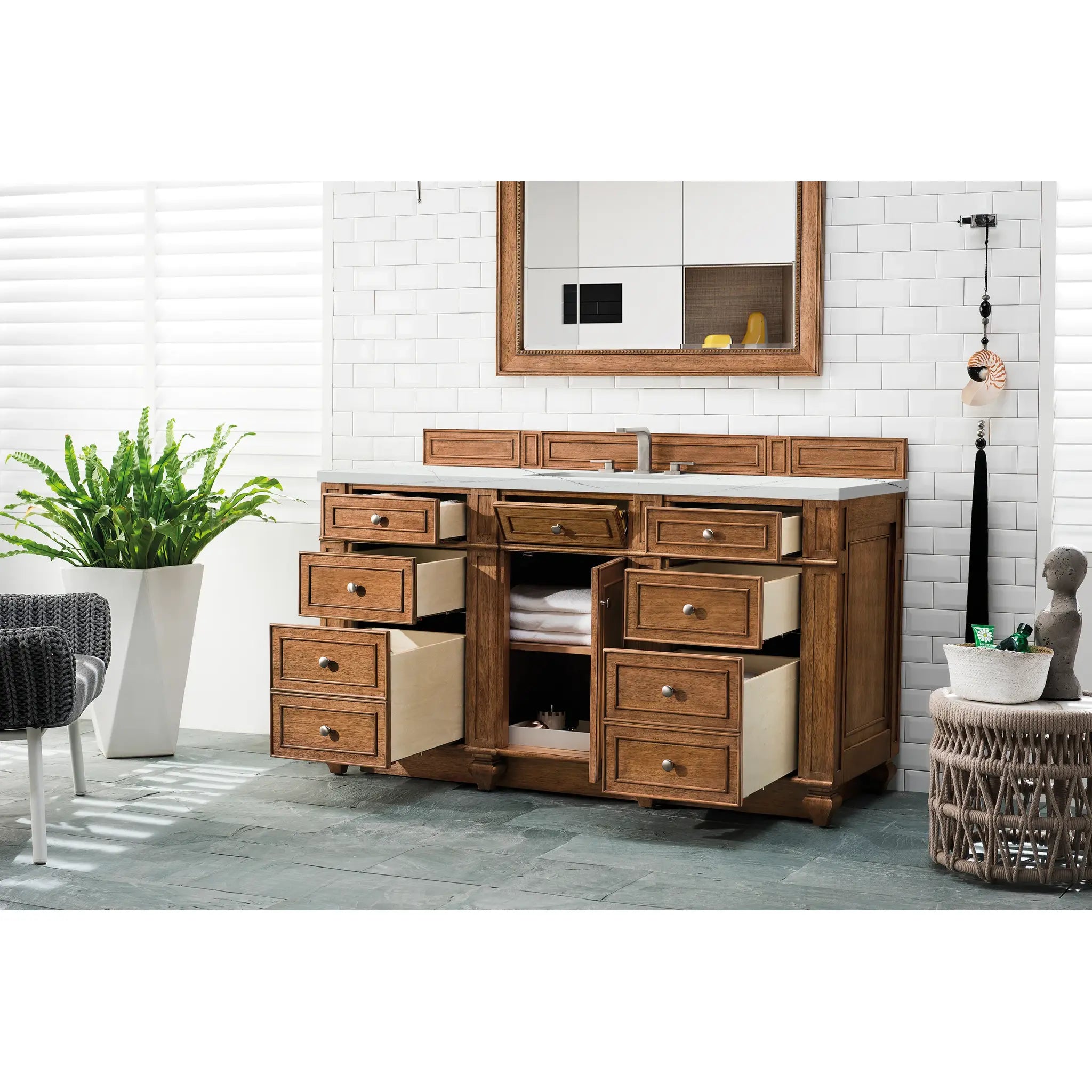 60" Bristol Single Vanity in Saddle Brown-Ethereal Noctis Silestone-8" Widespread image 3