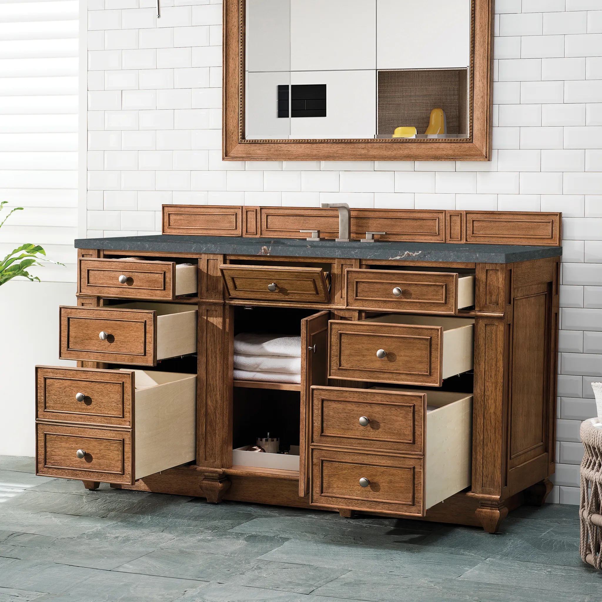 60" Bristol Single Vanity in Saddle Brown-Parisien Bleu Silestone-8" Widespread image 3