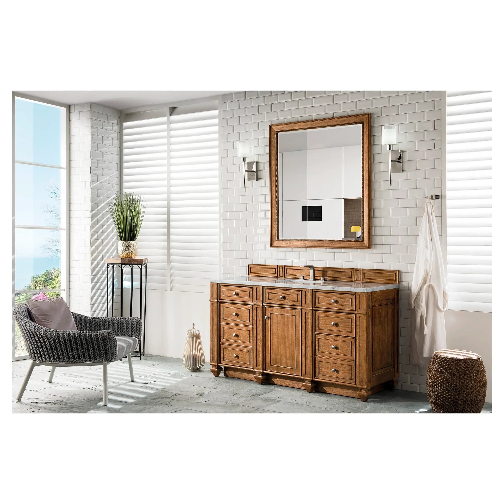 60 Bristol Single Vanity In Saddle Brown Power Enabled Eternal Jasmine Pearl Silestone 8 Widespread 6