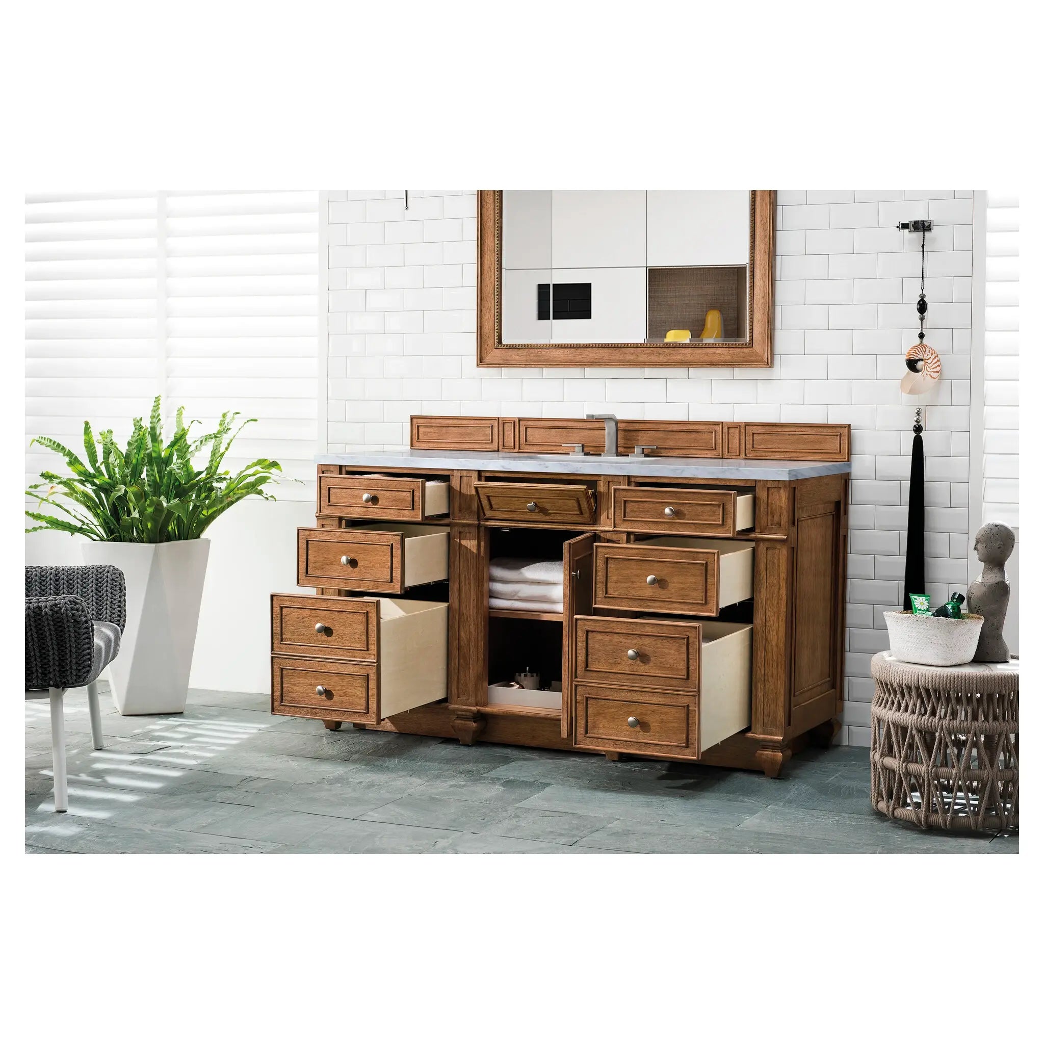 60 Bristol Single Vanity In Saddle Brown Power Enabled Eternal Jasmine Pearl Silestone 8 Widespread 7