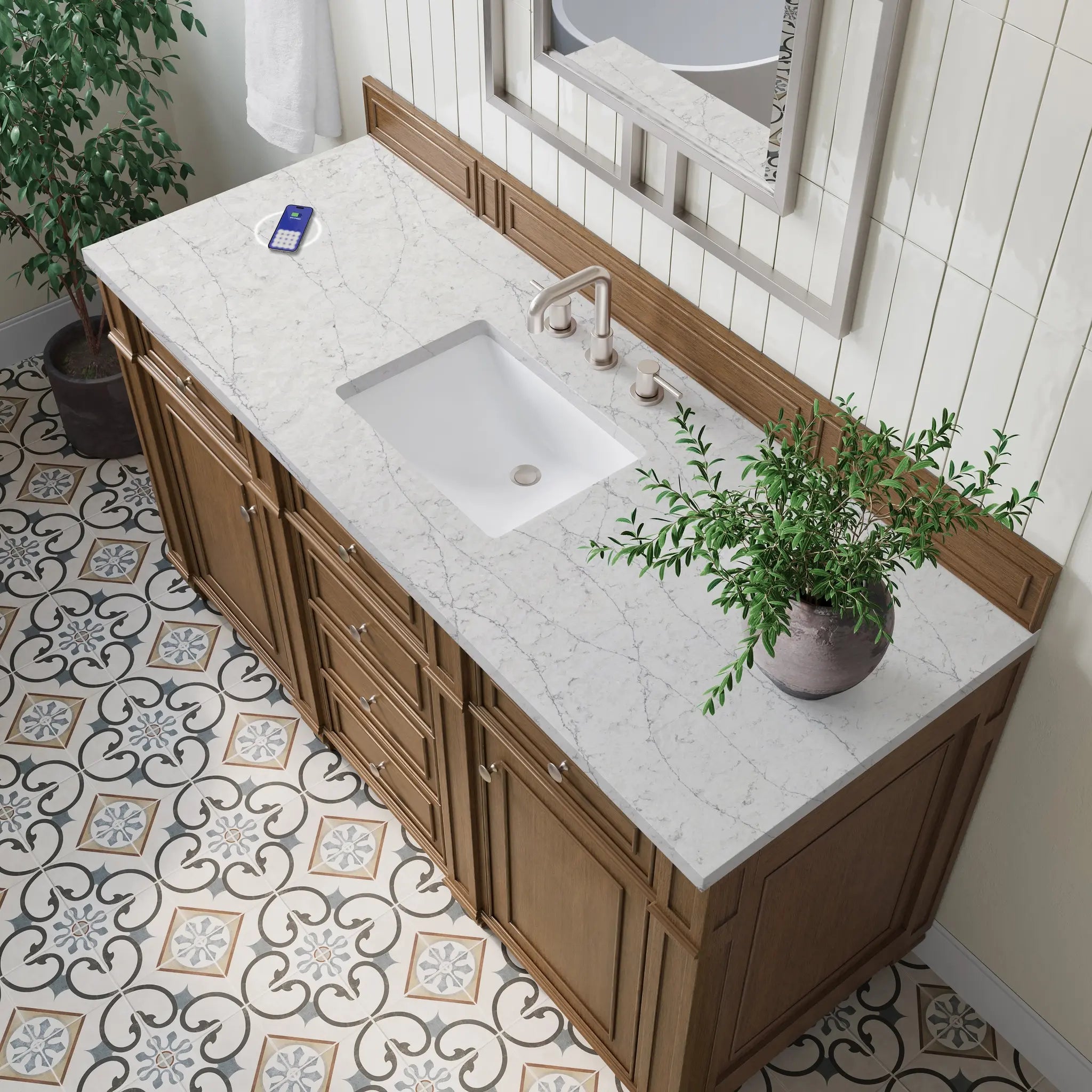 60 Bristol Single Vanity In Saddle Brown Power Enabled Eternal Jasmine Pearl Silestone 8 Widespread 8