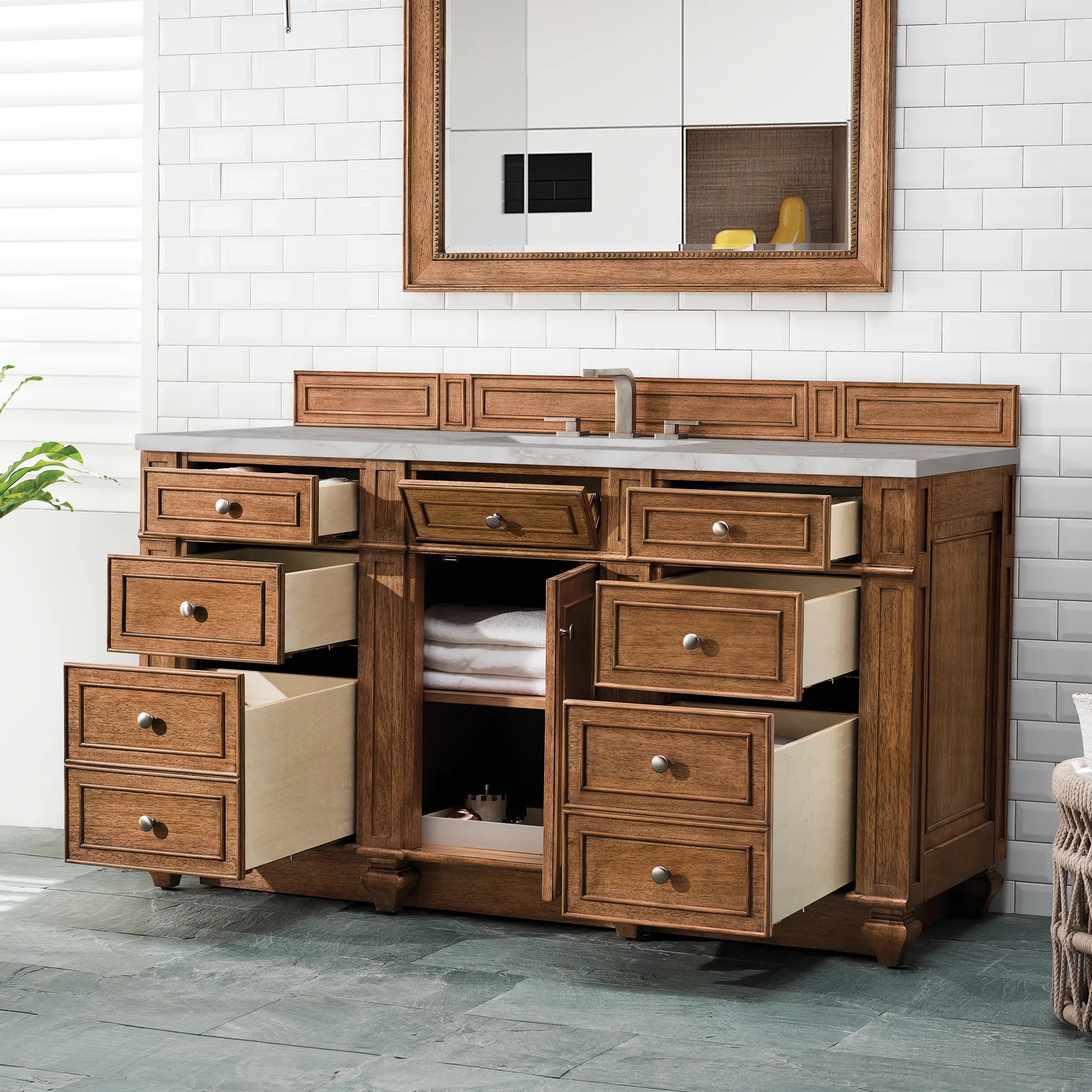 60" Bristol Single Vanity in Saddle Brown-Victorian Silver Silestone-8" Widespread image 3