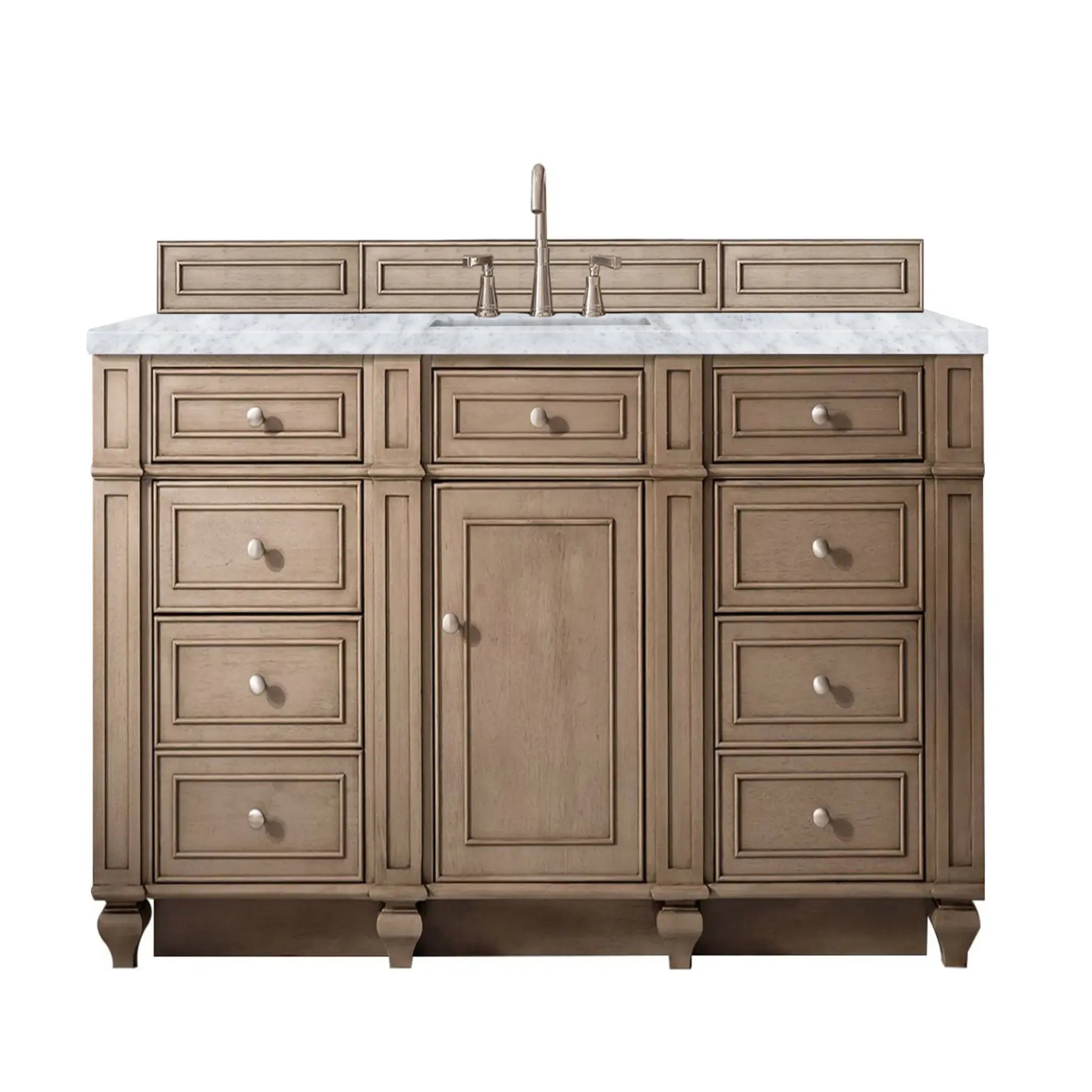 60" Bristol Single Vanity Whitewashed Walnut-Carrara White Marble-8" Widespread image