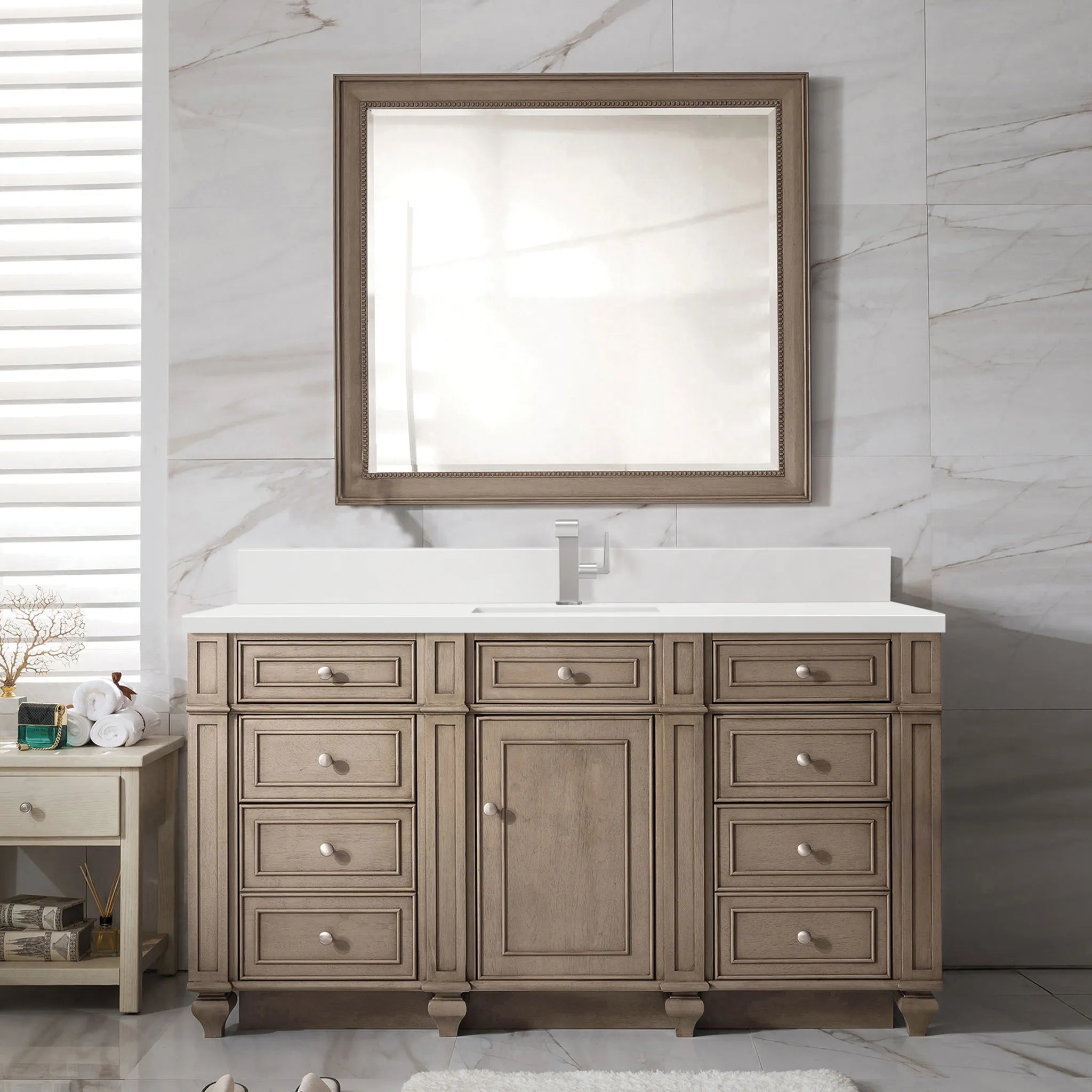 60" Bristol Single Vanity Whitewashed Walnut-White Zeus Silestone & Backsplash-Single Hole image 1
