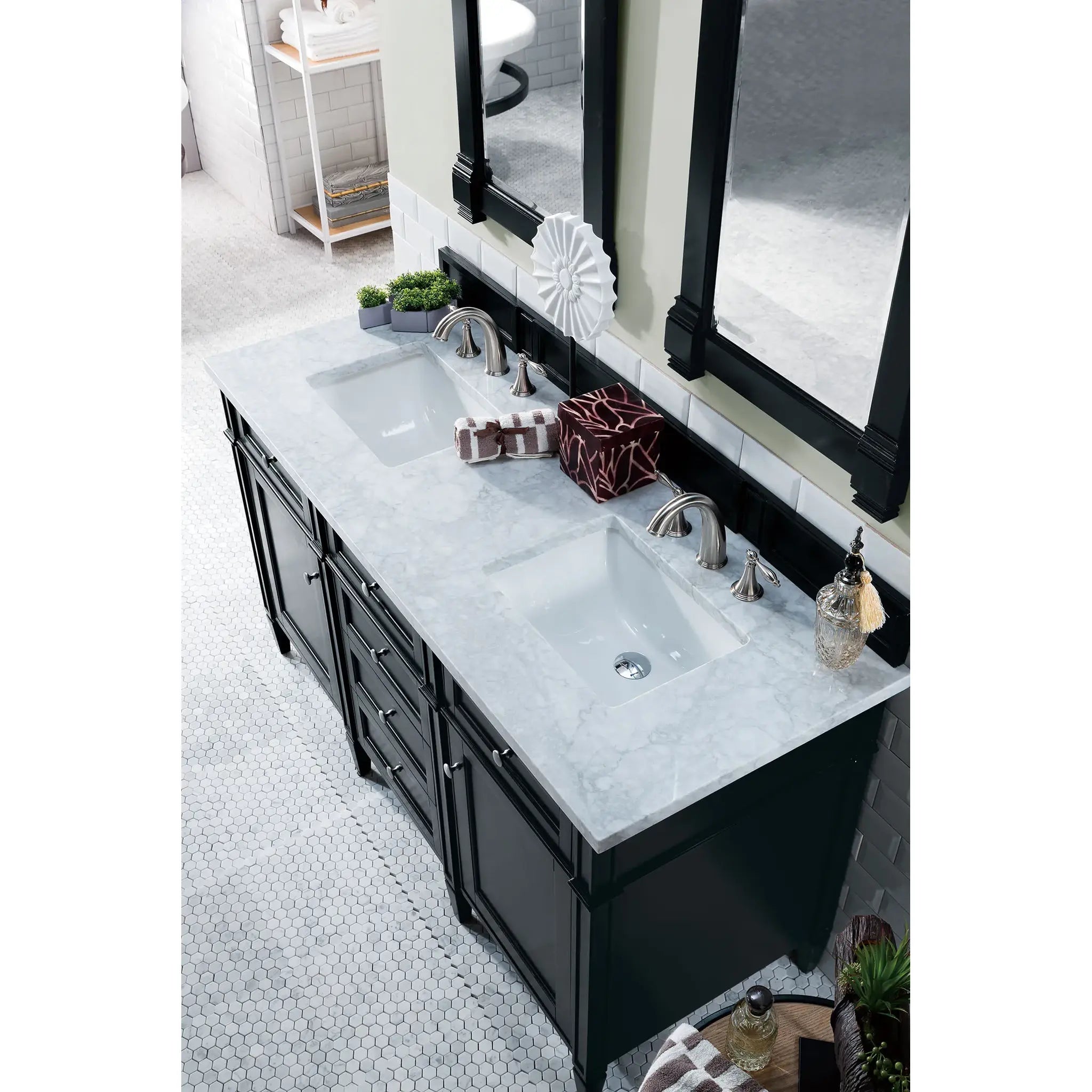 60" Brittany Double Vanity in Black Onyx-Carrara White Marble-8" Widespread image 4