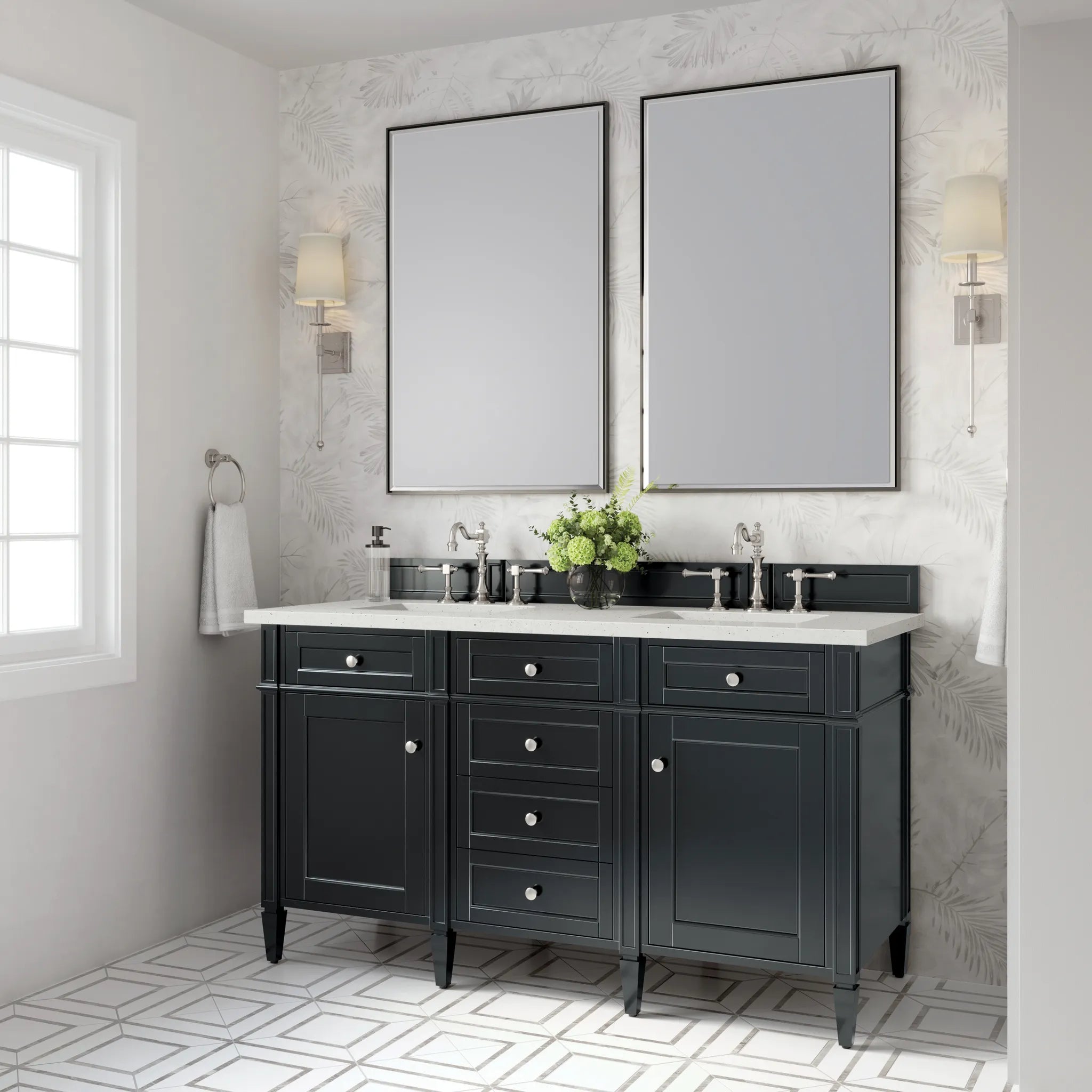 60" Brittany Double Vanity in Black Onyx-Lime Delight Silestone-8" Widespread image 2