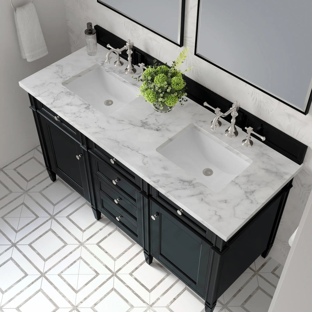 60 Brittany Double Vanity In Black Onyx Standard Carrara White Marble 8 Widespread 8