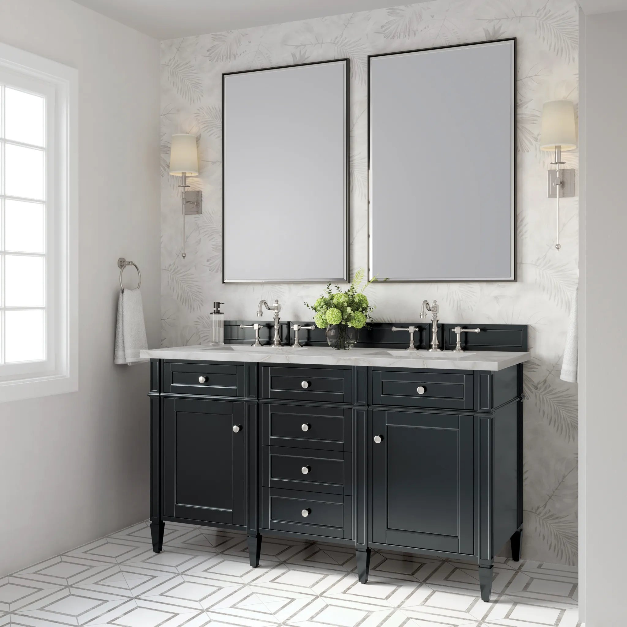 60" Brittany Double Vanity in Black Onyx-Victorian Silver Silestone-8" Widespread image 2