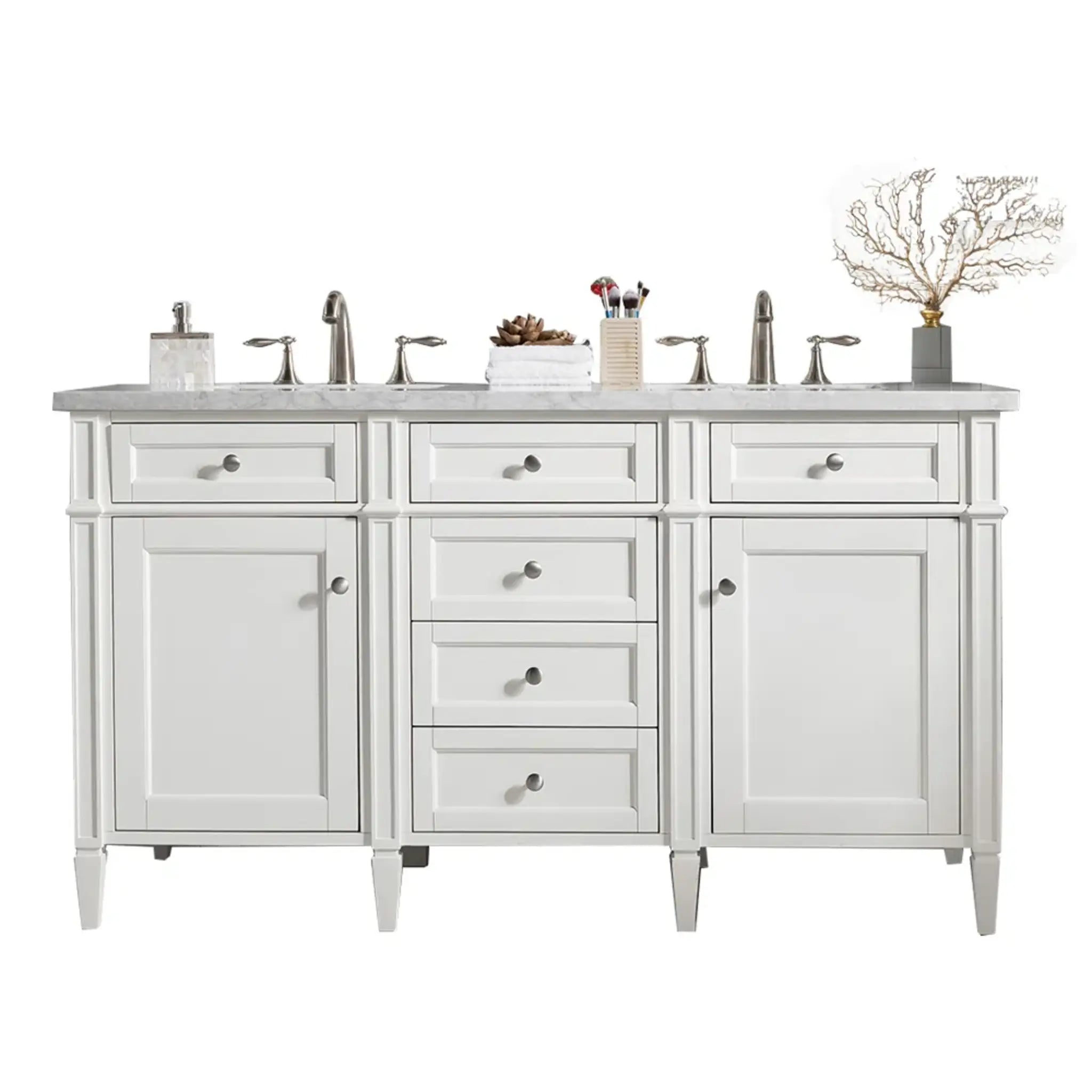 60" Brittany Double Vanity in Bright White Vanity-Carrara White Marble-8" Widespread image