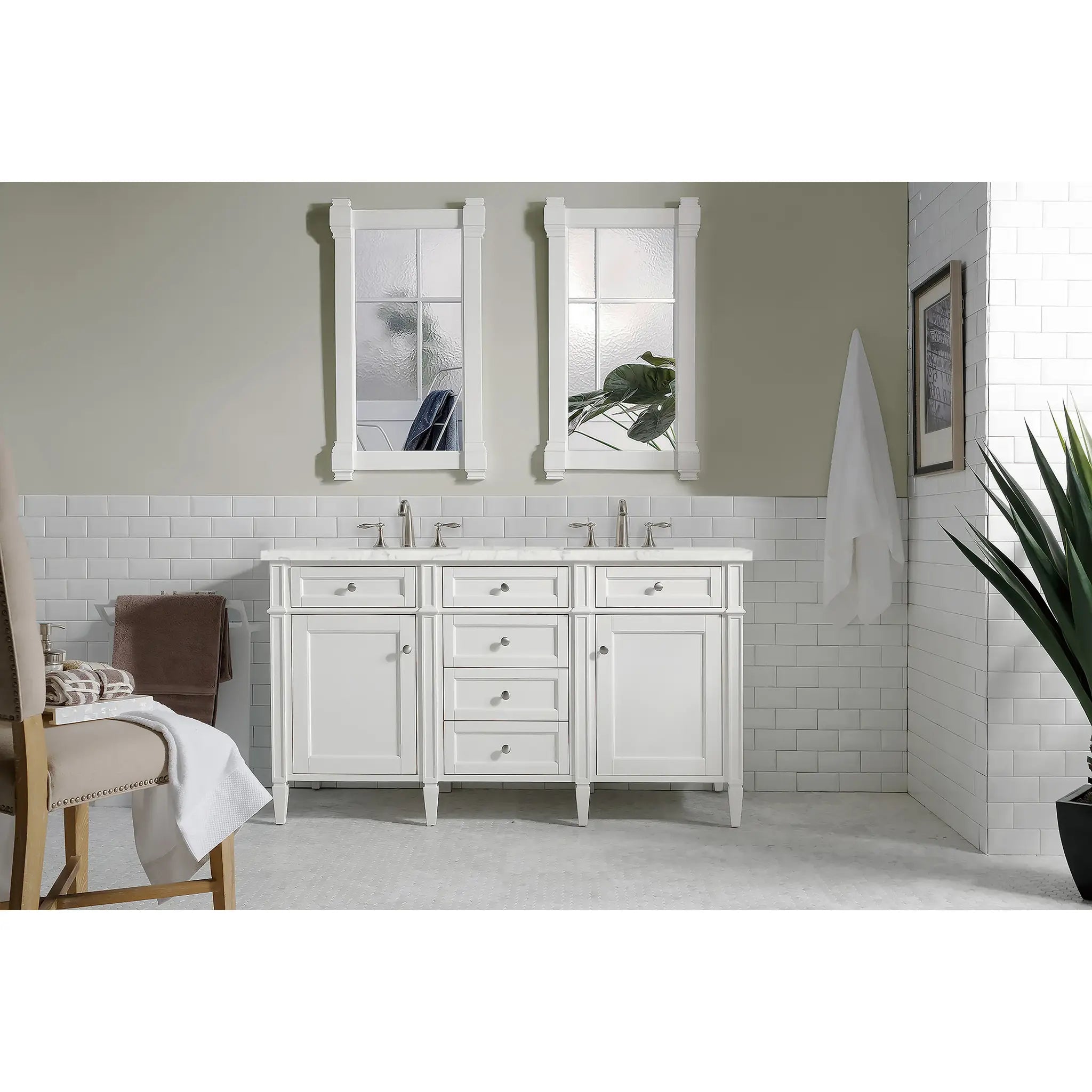 60" Brittany Double Vanity in Bright White Vanity-Eternal Jasmine Pearl Silestone-8" Widespread image 1