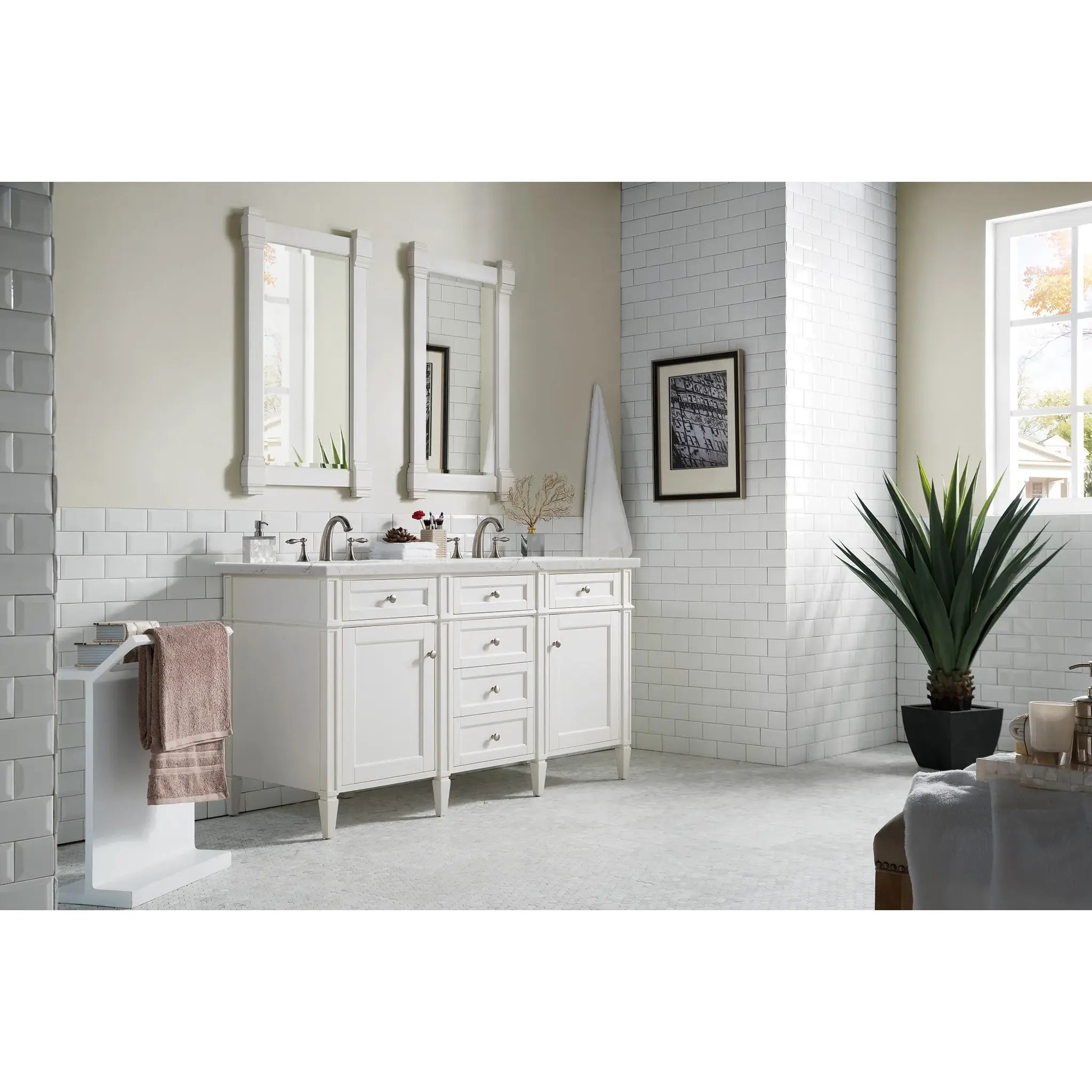 60" Brittany Double Vanity in Bright White Vanity-Eternal Jasmine Pearl Silestone-8" Widespread image 2