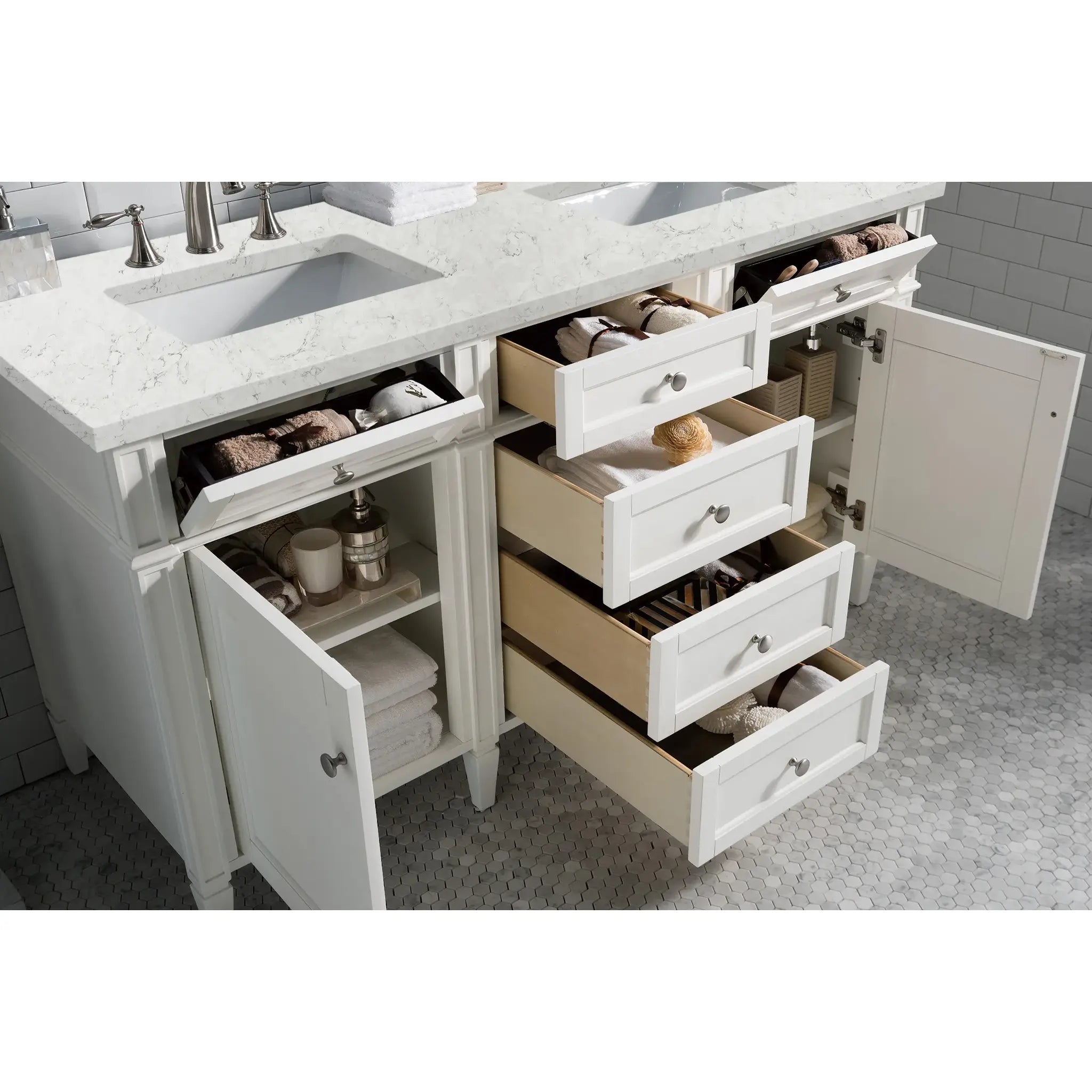 60" Brittany Double Vanity in Bright White Vanity-Eternal Jasmine Pearl Silestone-8" Widespread image 3