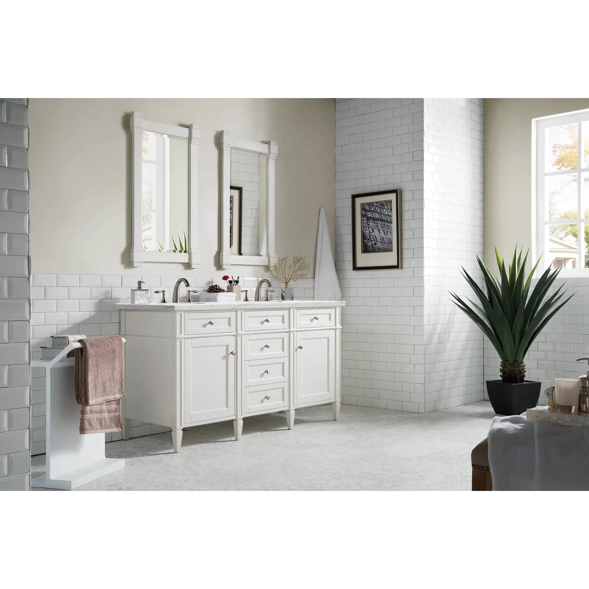 60" Brittany Double Vanity in Bright White Vanity-Ethereal Noctis Silestone-8" Widespread image 2