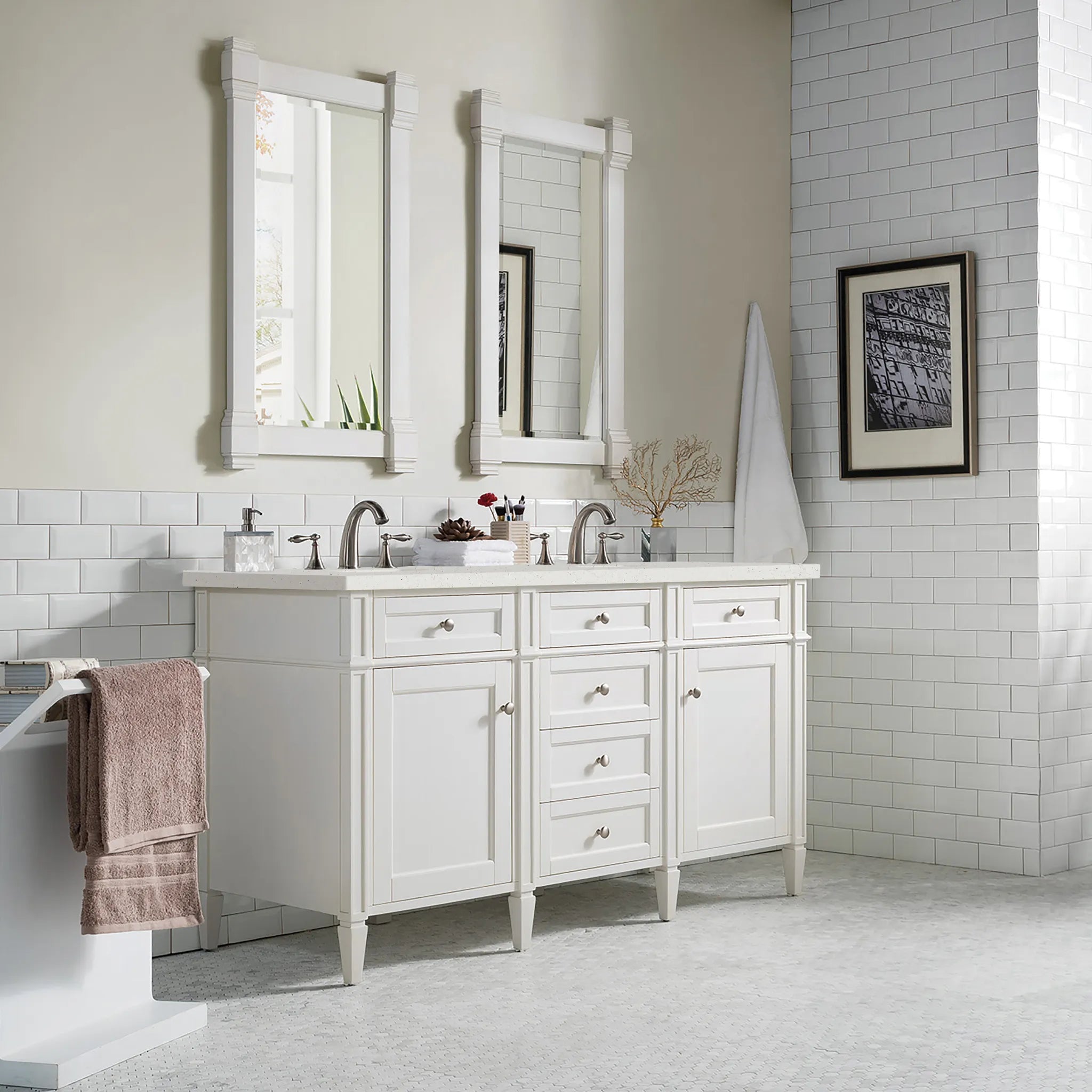 60" Brittany Double Vanity in Bright White Vanity-Lime Delight Silestone-8" Widespread image 2