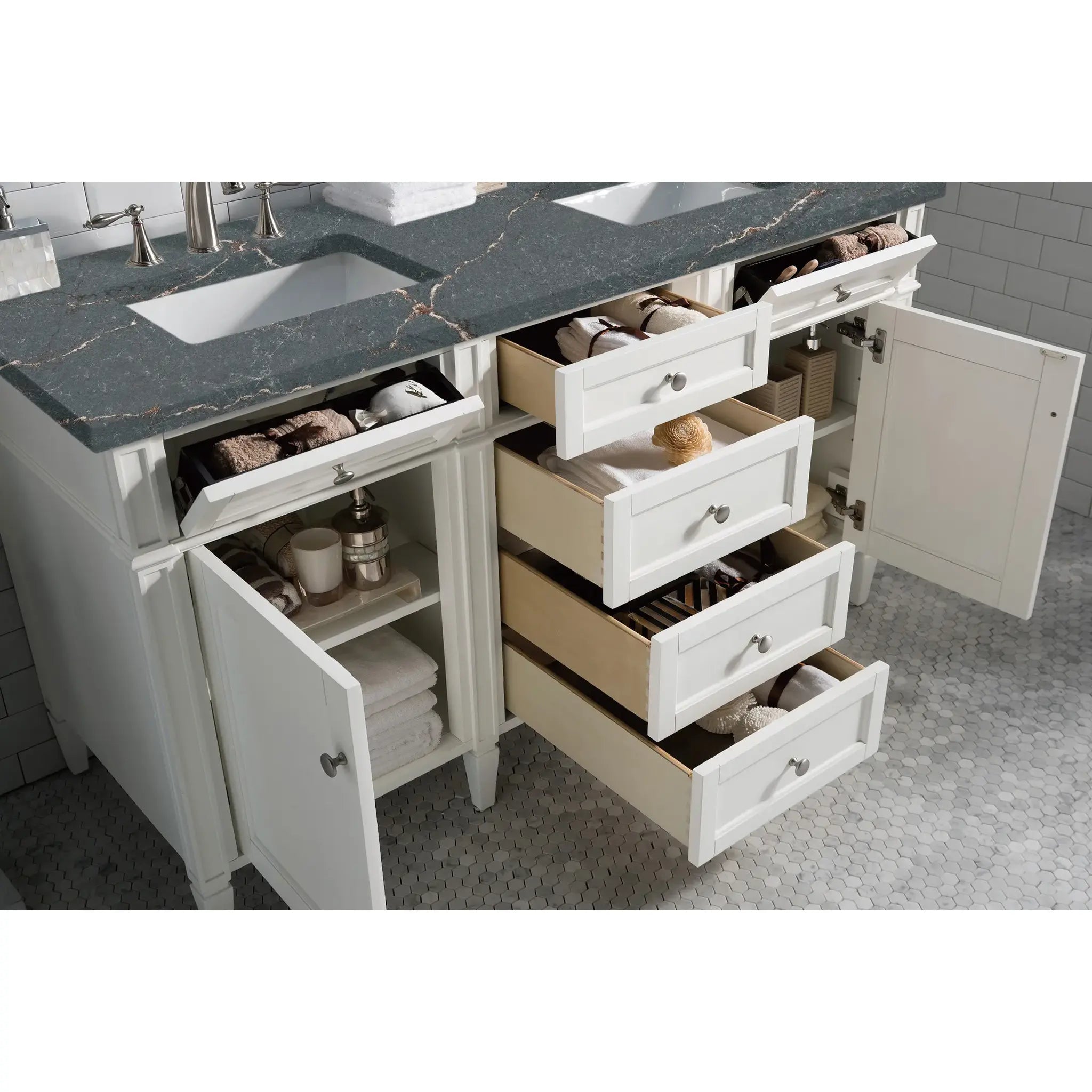 60" Brittany Double Vanity in Bright White Vanity-Parisien Bleu Silestone-8" Widespread image 3