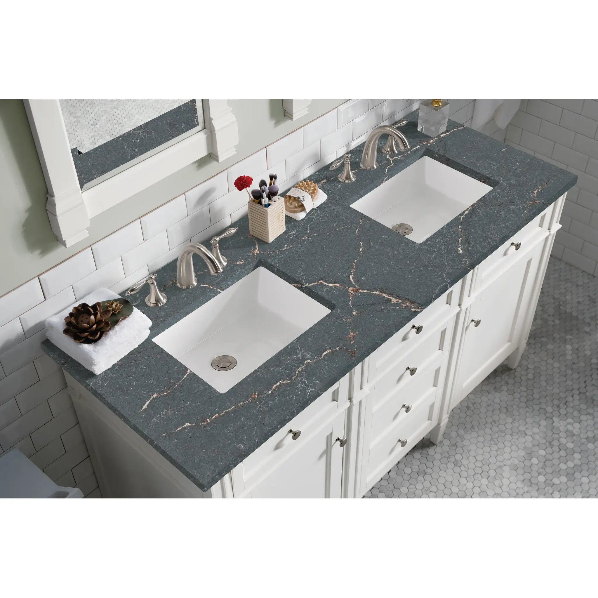 60" Brittany Double Vanity in Bright White Vanity-Parisien Bleu Silestone-8" Widespread image 4