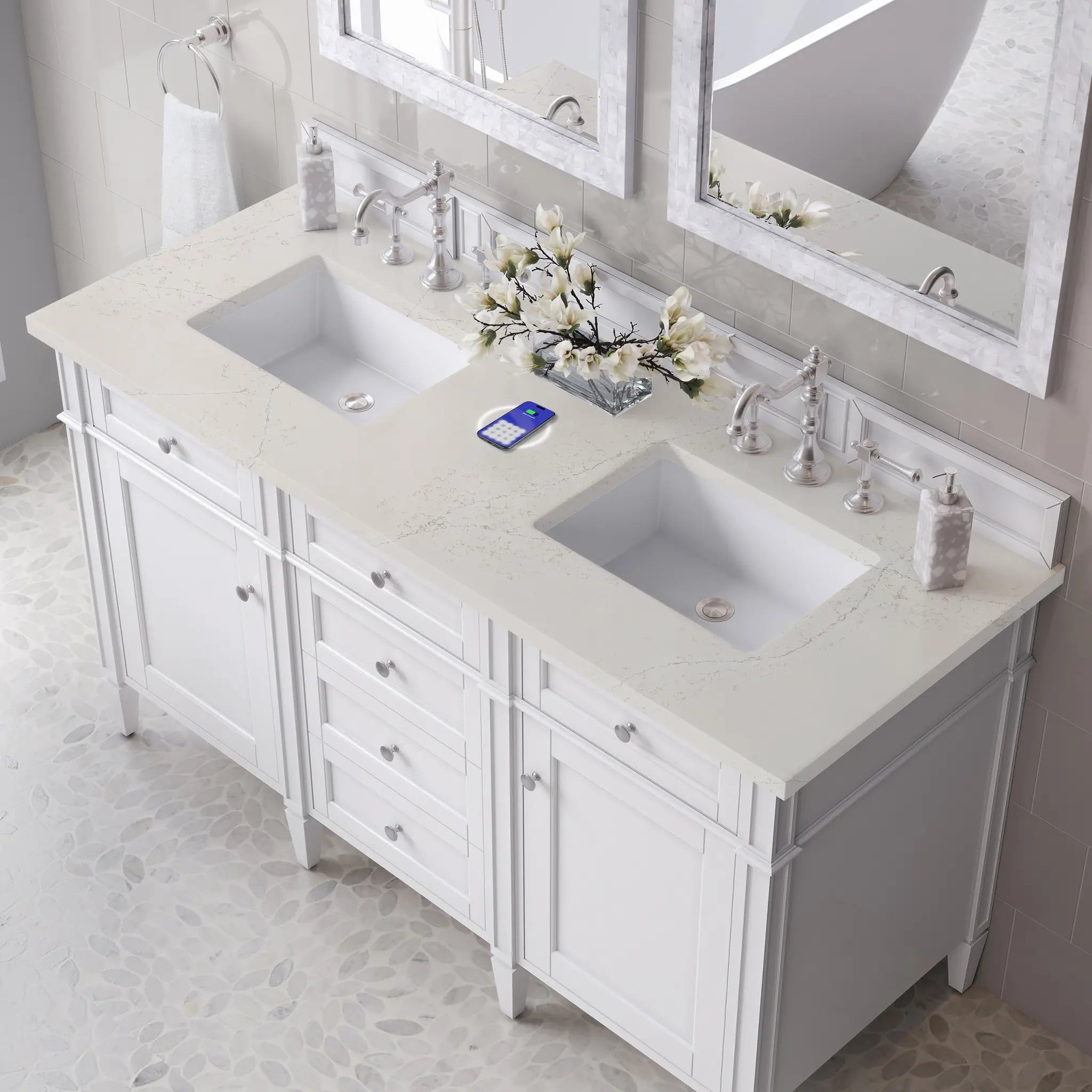 60 Brittany Double Vanity In Bright White Vanity Power Enabled Siberian Silestone 8 Widespread 8