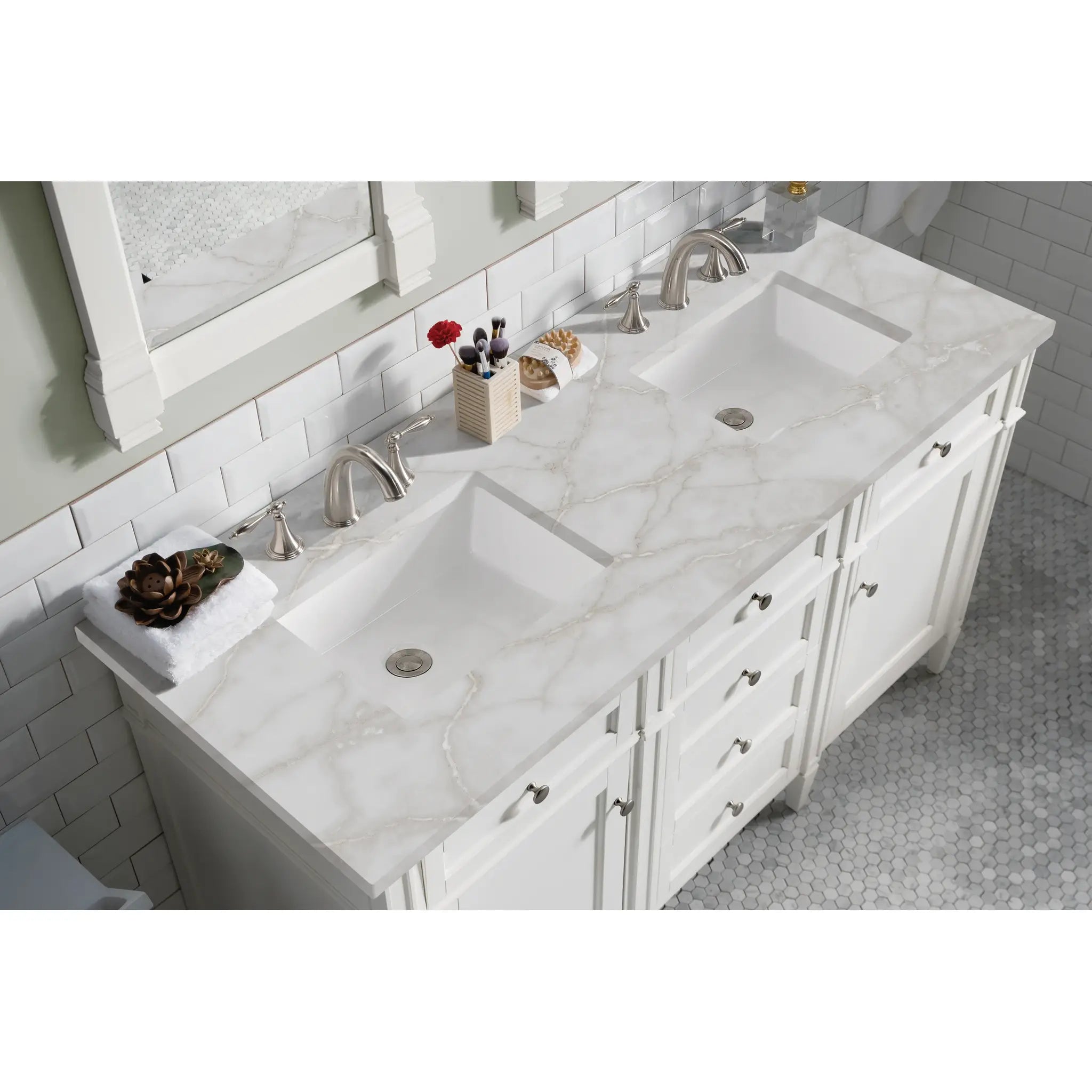 60" Brittany Double Vanity in Bright White Vanity-Victorian Silver Silestone-8" Widespread image 4