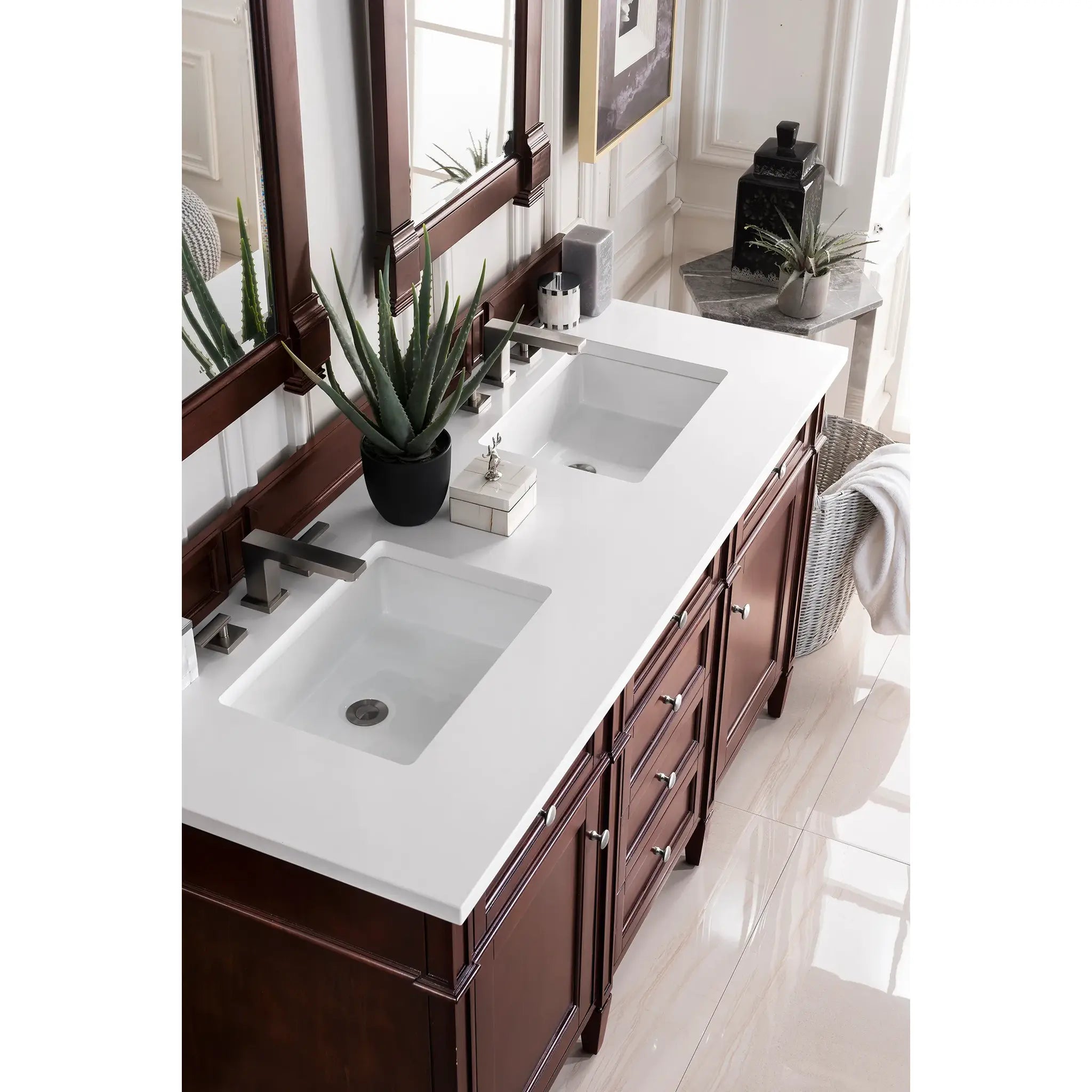 60" Brittany Double Vanity in Burnished Mahogany-White Zeus Silestone-8" Widespread image 2