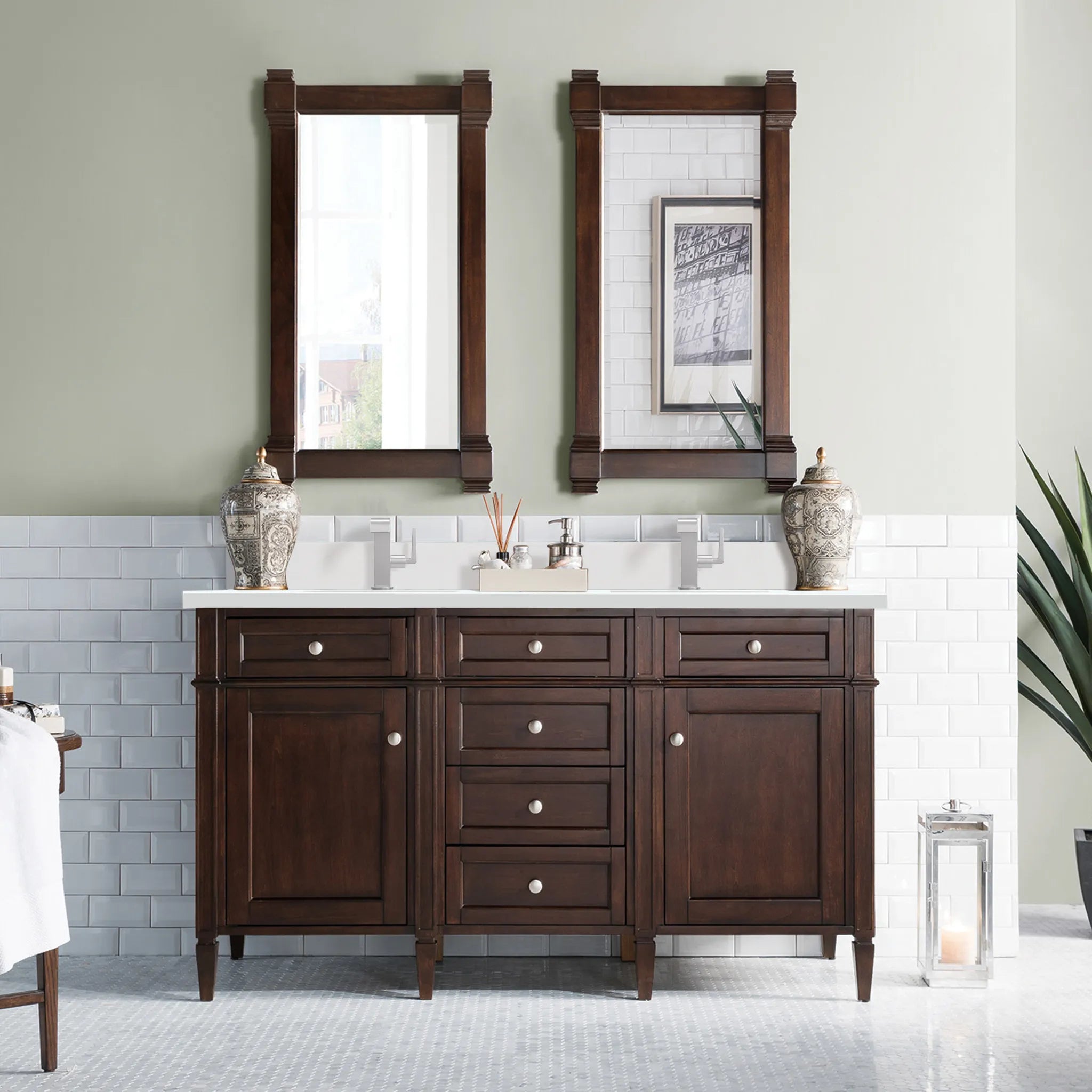 60" Brittany Double Vanity in Burnished Mahogany-White Zeus Silestone & Backsplash-Single Hole image 1