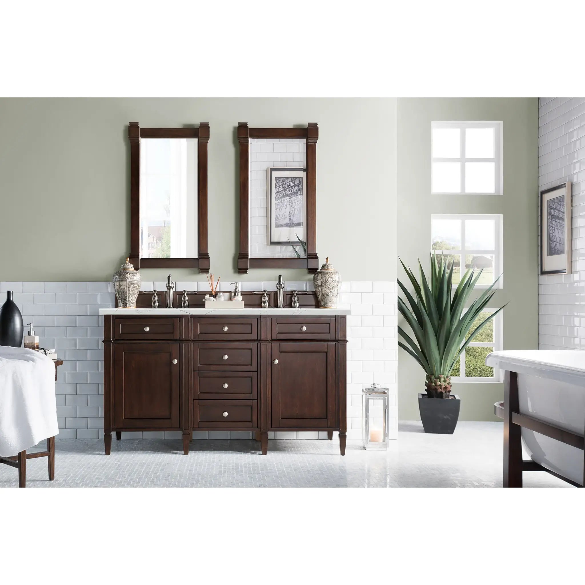 60" Brittany Double Vanity in Burnished Mahogany Wireless Charger-Ethereal Noctis Silestone-8" Widespread image 4