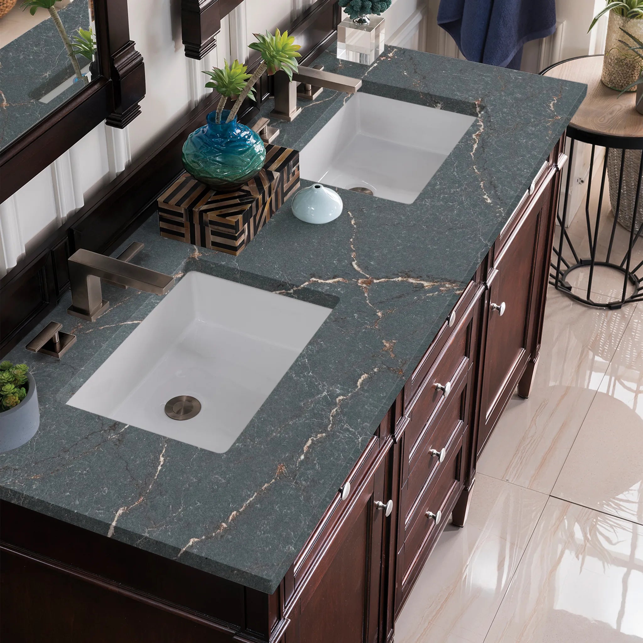 60" Brittany Double Vanity in Burnished Mahogany Wireless Charger-Parisien Bleu Silestone-8" Widespread image 8